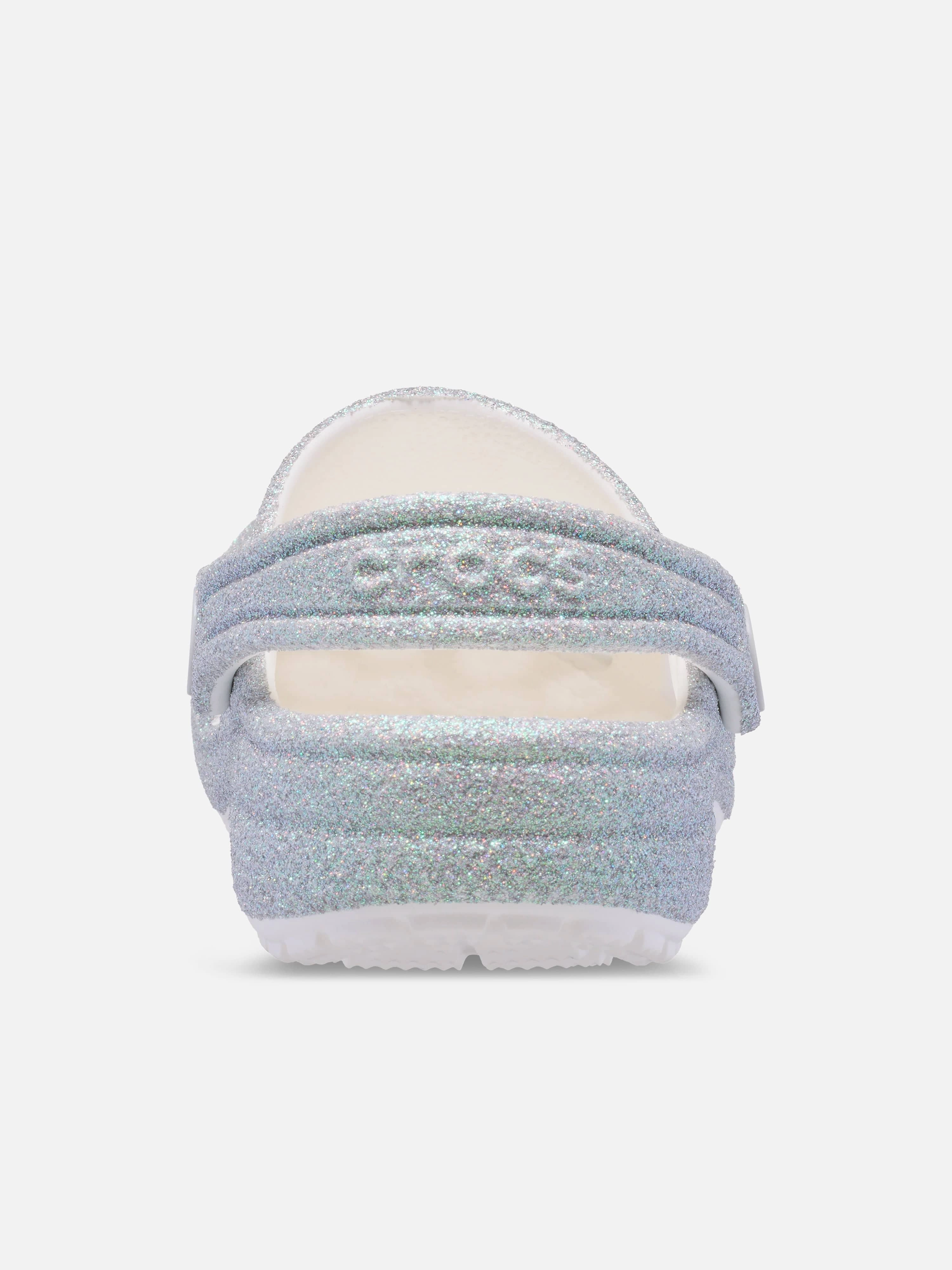 Style Meets Function Girls Classic Iridescent Glitter Clog in White Canvas Tote With Zipper