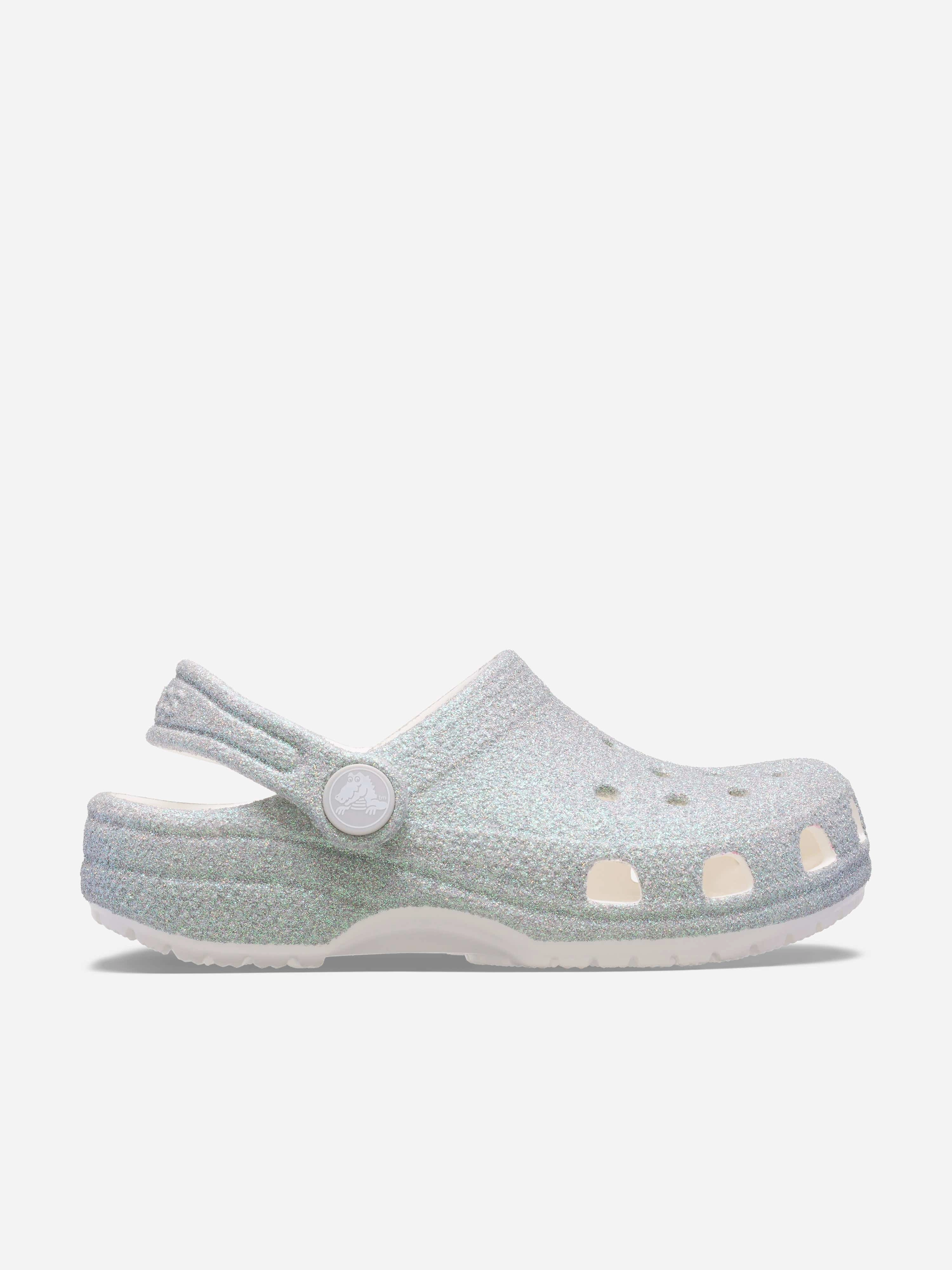Authenticity Traceability Girls Classic Iridescent Glitter Clog in White Pound off Sporty, Beige Shoulder Bag With Buckle, Explore The Collection