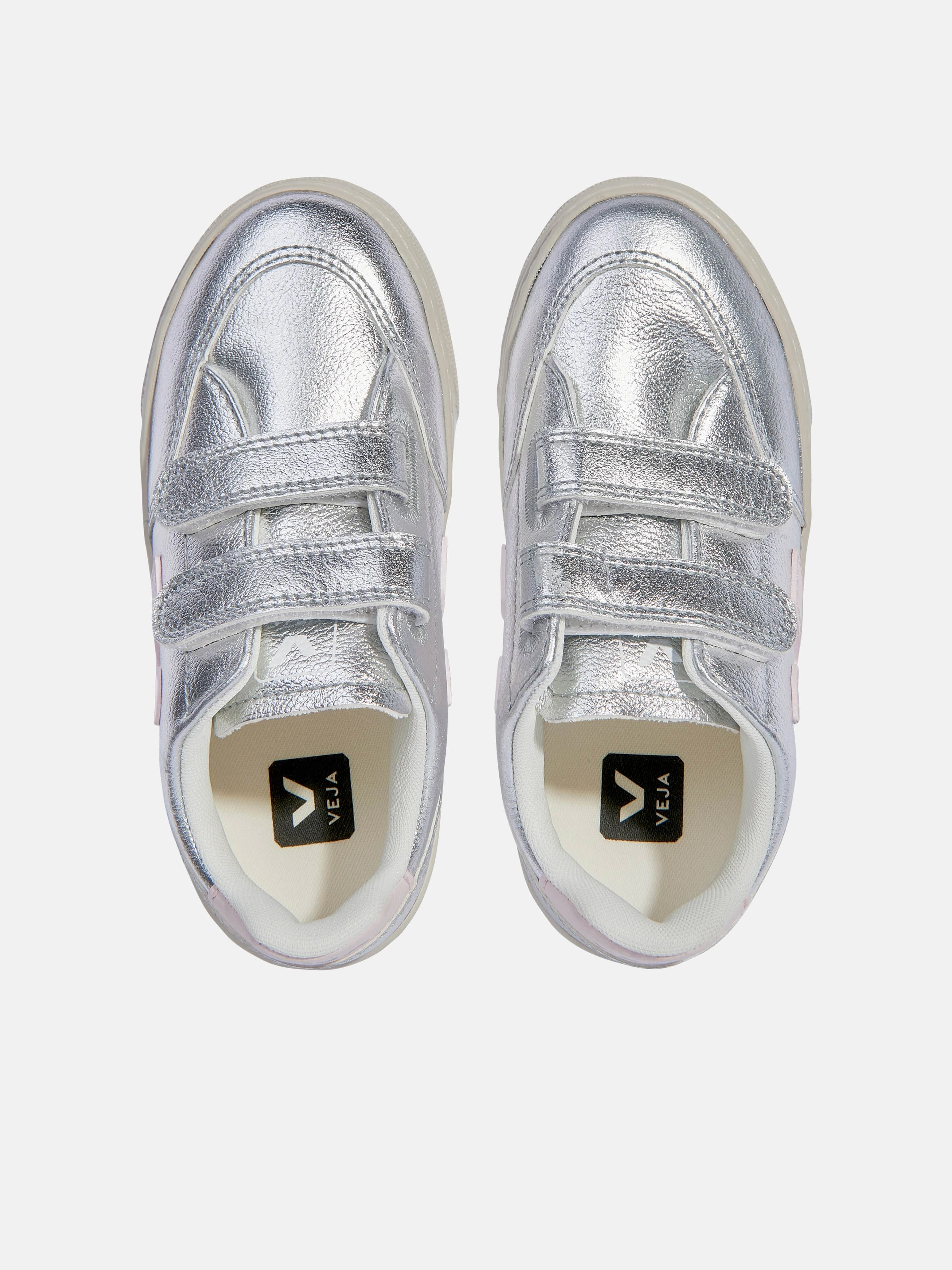 Superior Materials Veja Kids ChromeFree Leather V-12 Trainers in Silver Everyday Luxury