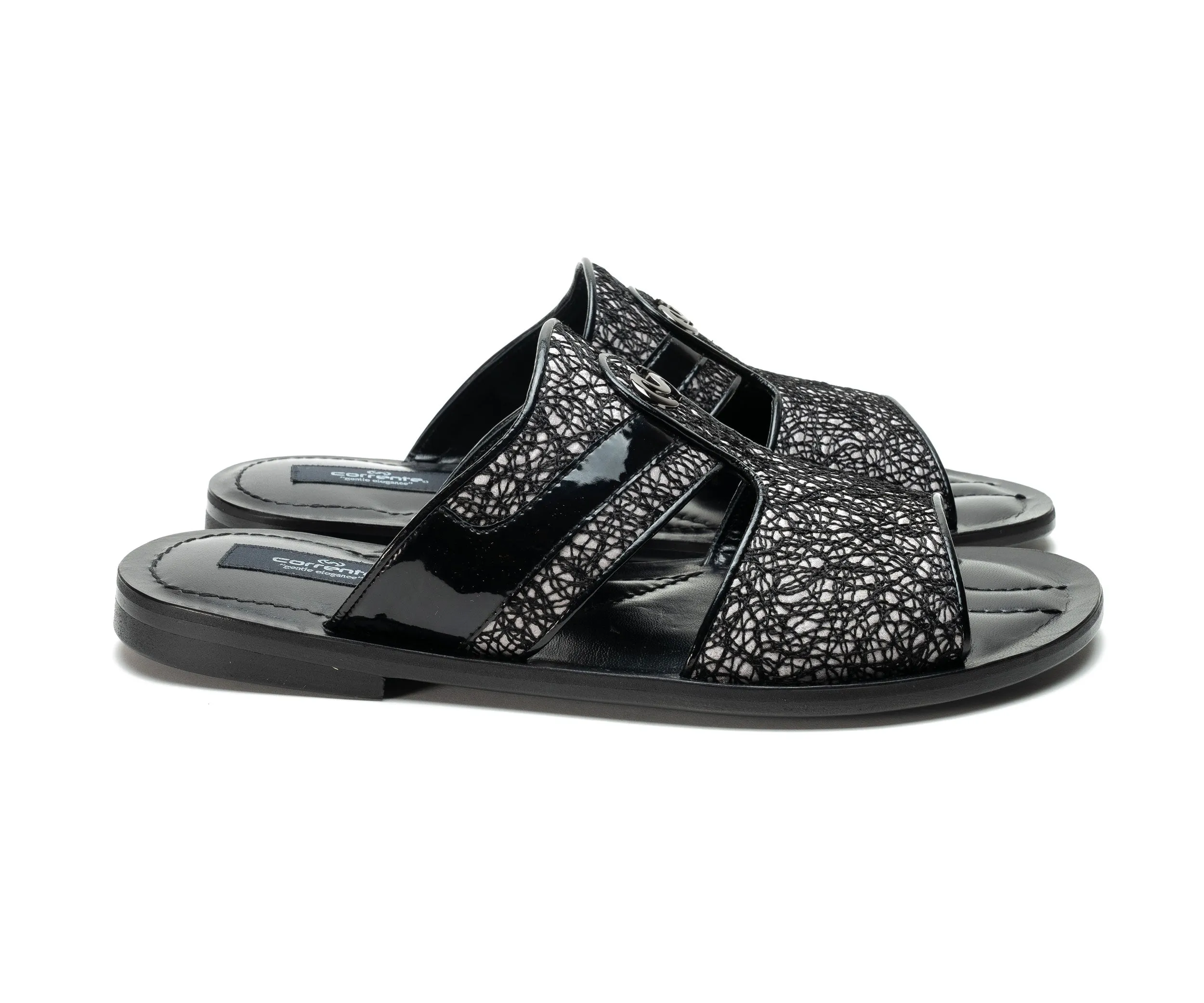 Corrente Linen & Shiny Calfskin Sandal Black