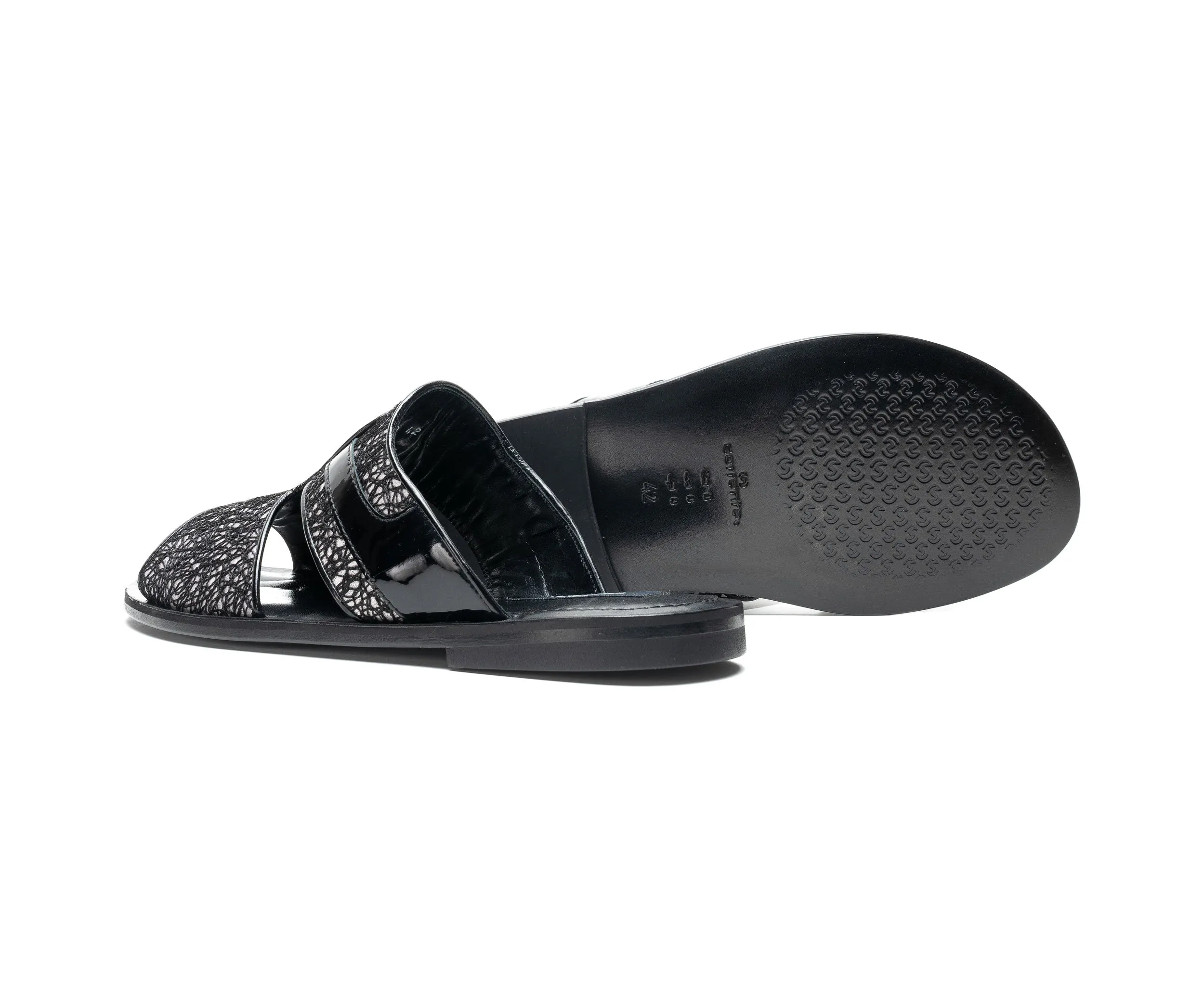Corrente Linen & Shiny Calfskin Sandal Black