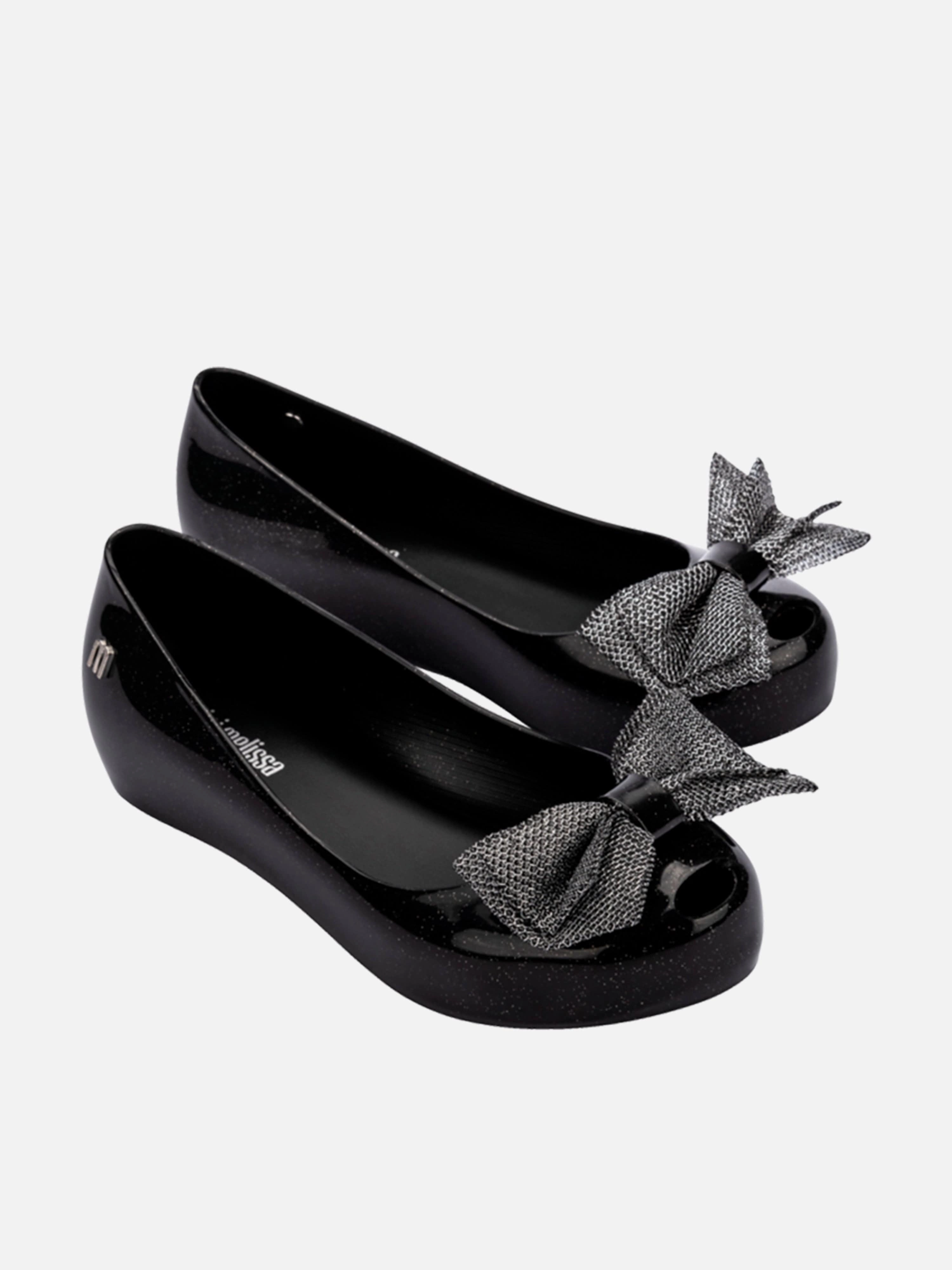 Sleek & Modern Mini Melissa Girls Ultragirl Sweet XII Ballerinas in Black Beige Shoulder Bag With Buckle