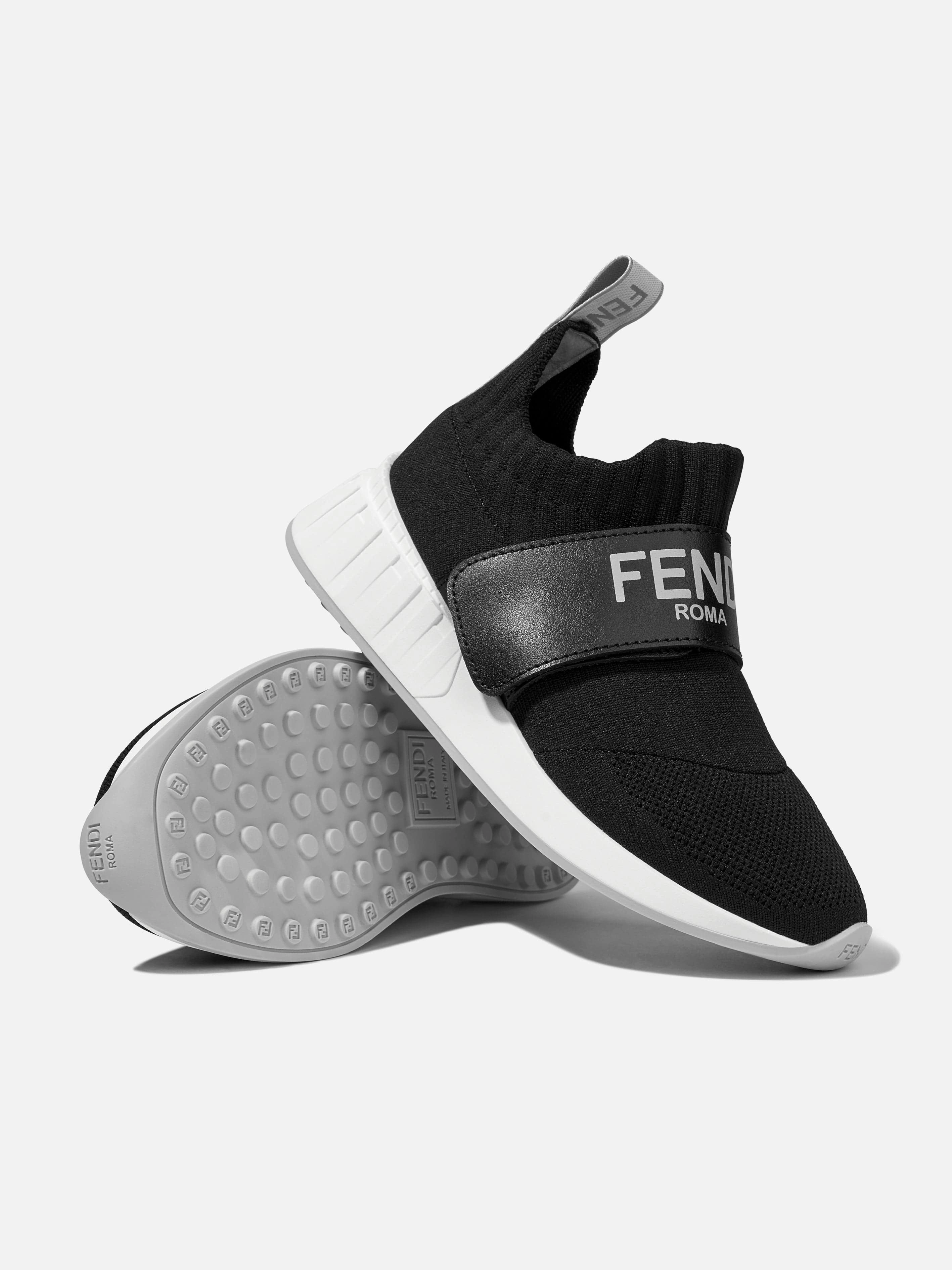 Canvas, Check It Out, Satin Fendi Kids Logo Slip On Trainers in Black