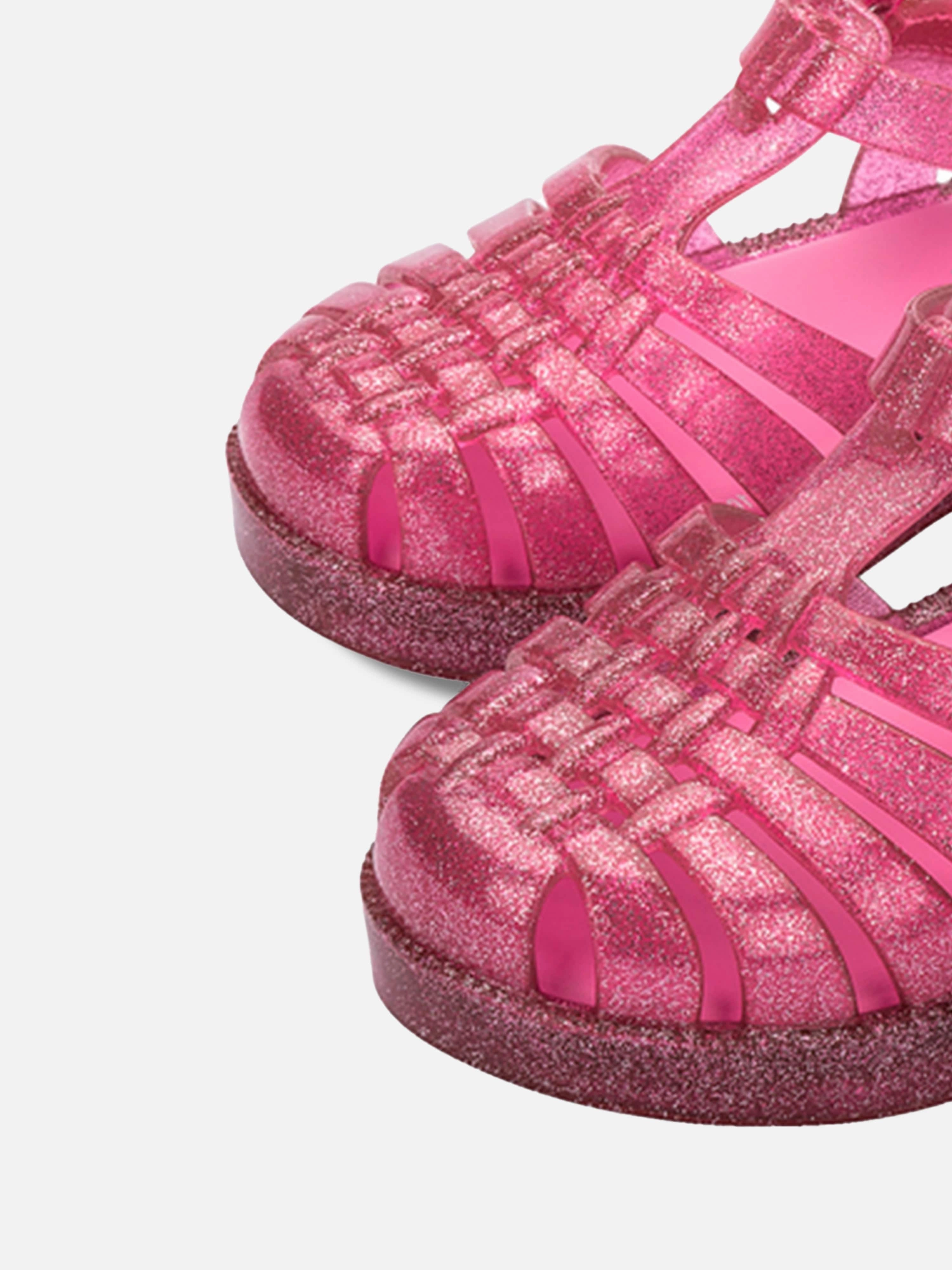 Shop Exclusive Styles Mini Melissa Girls Possession Shiny Glitter Sandals in Pink Strap Pad