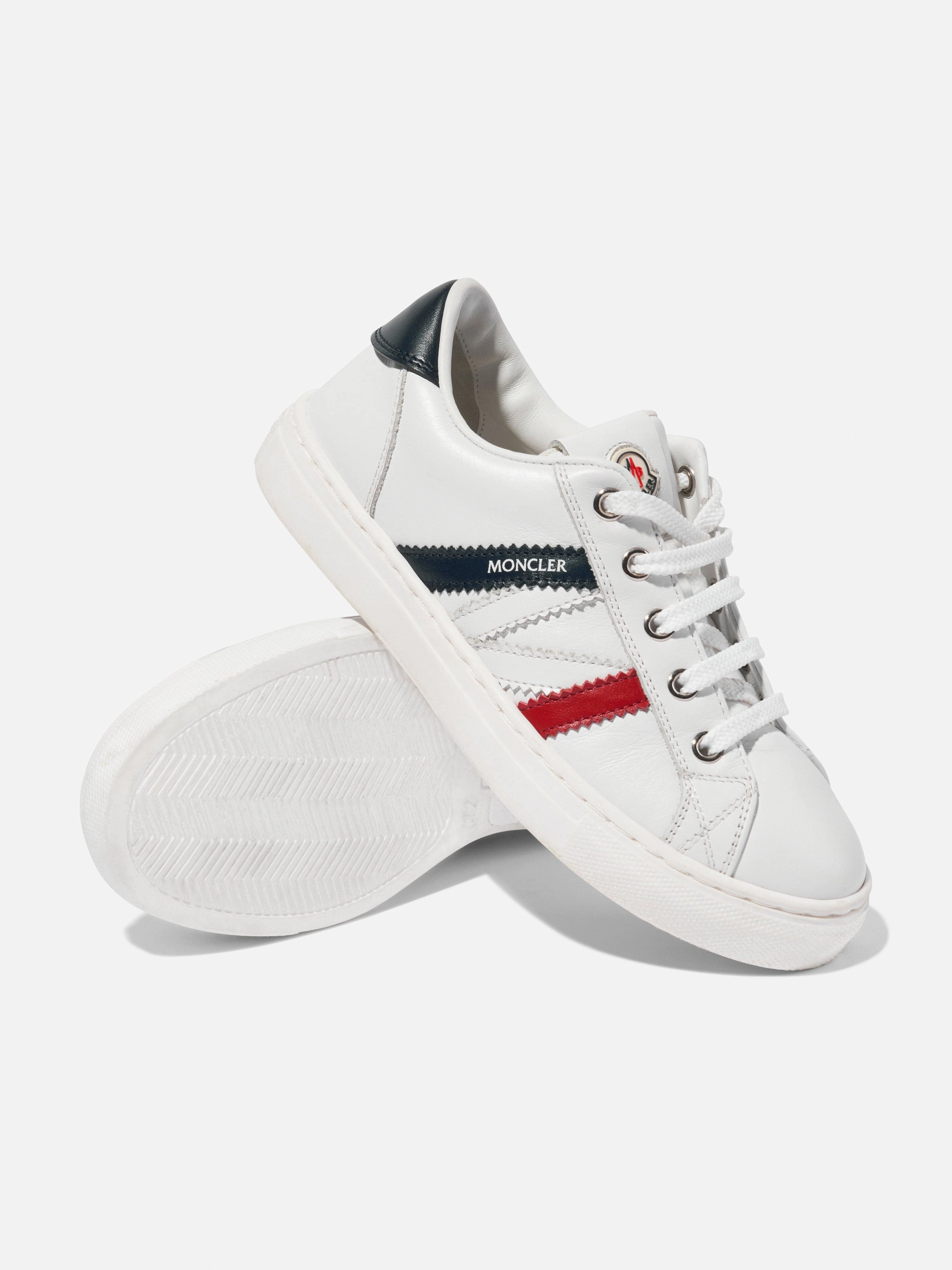 Moncler Enfant Kids Leather Petit Monaco Low Top Trainers in White Embossed Leather