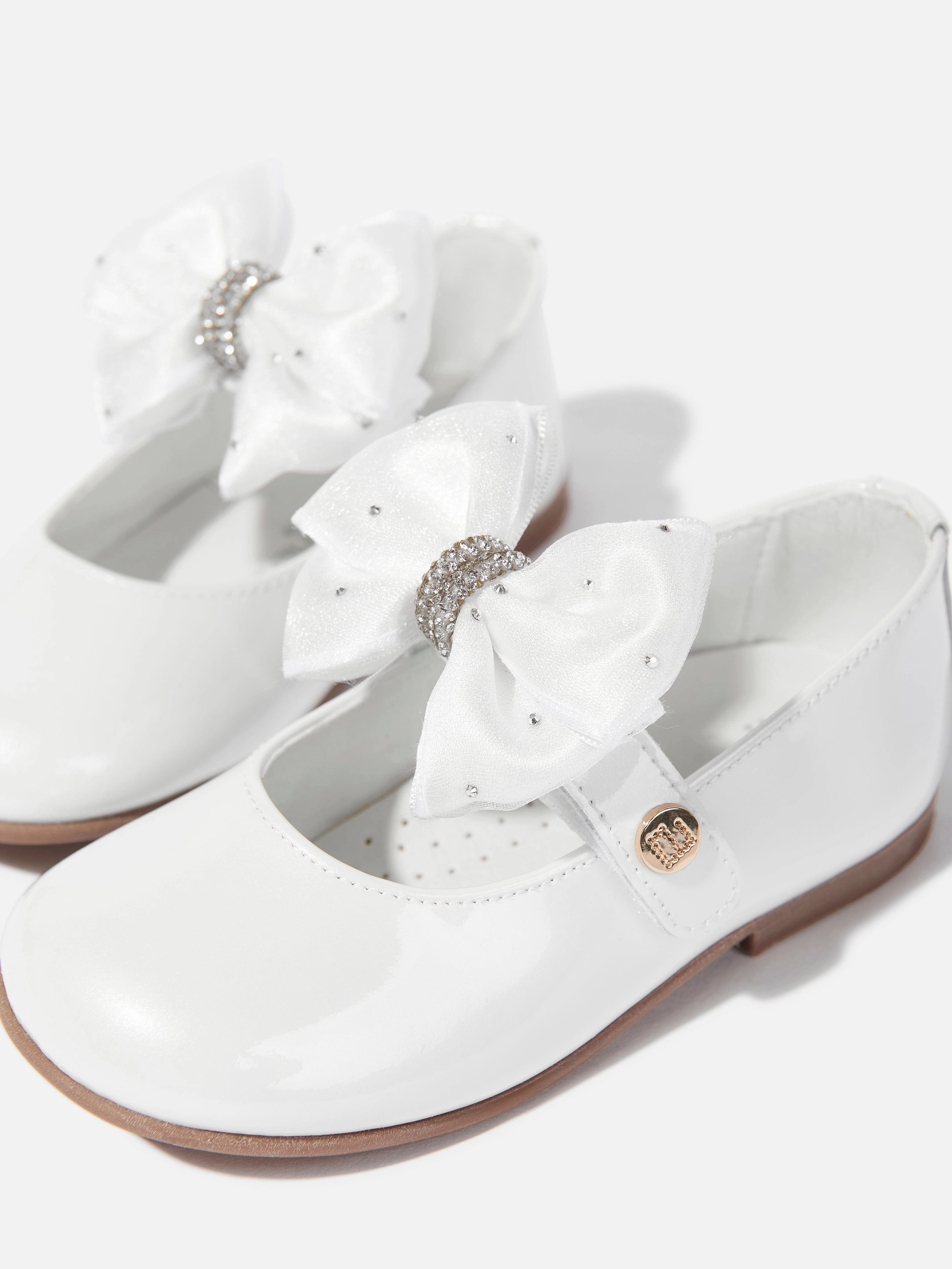 Ultra-Soft Texture, Cork, Statement Andanines Girls Patent Leather Bow Shoes in White