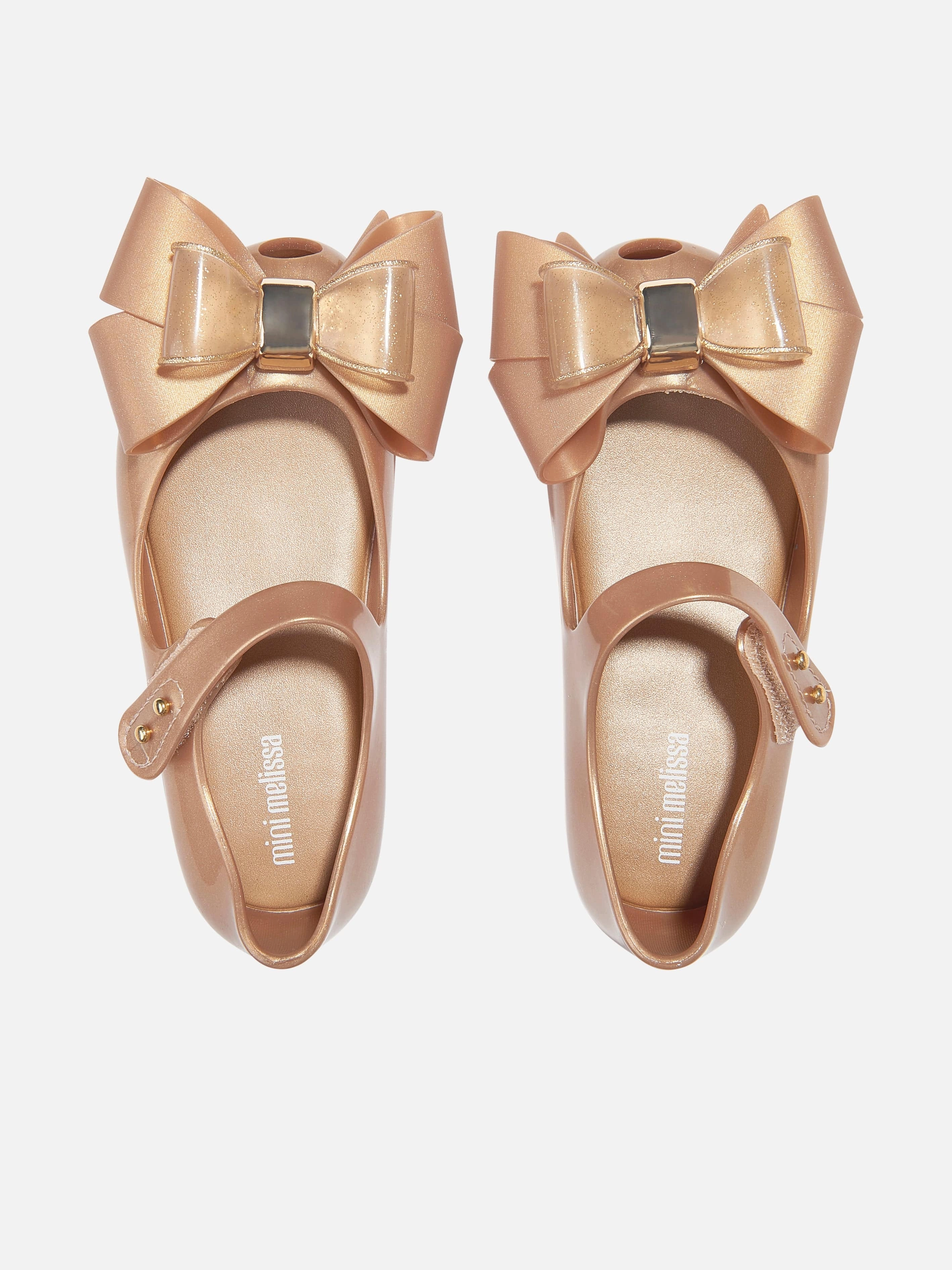 Start Shopping Now, Handcrafted Mini Melissa Girls Mini Ultragirl Fab Bow Ballerinas in Gold