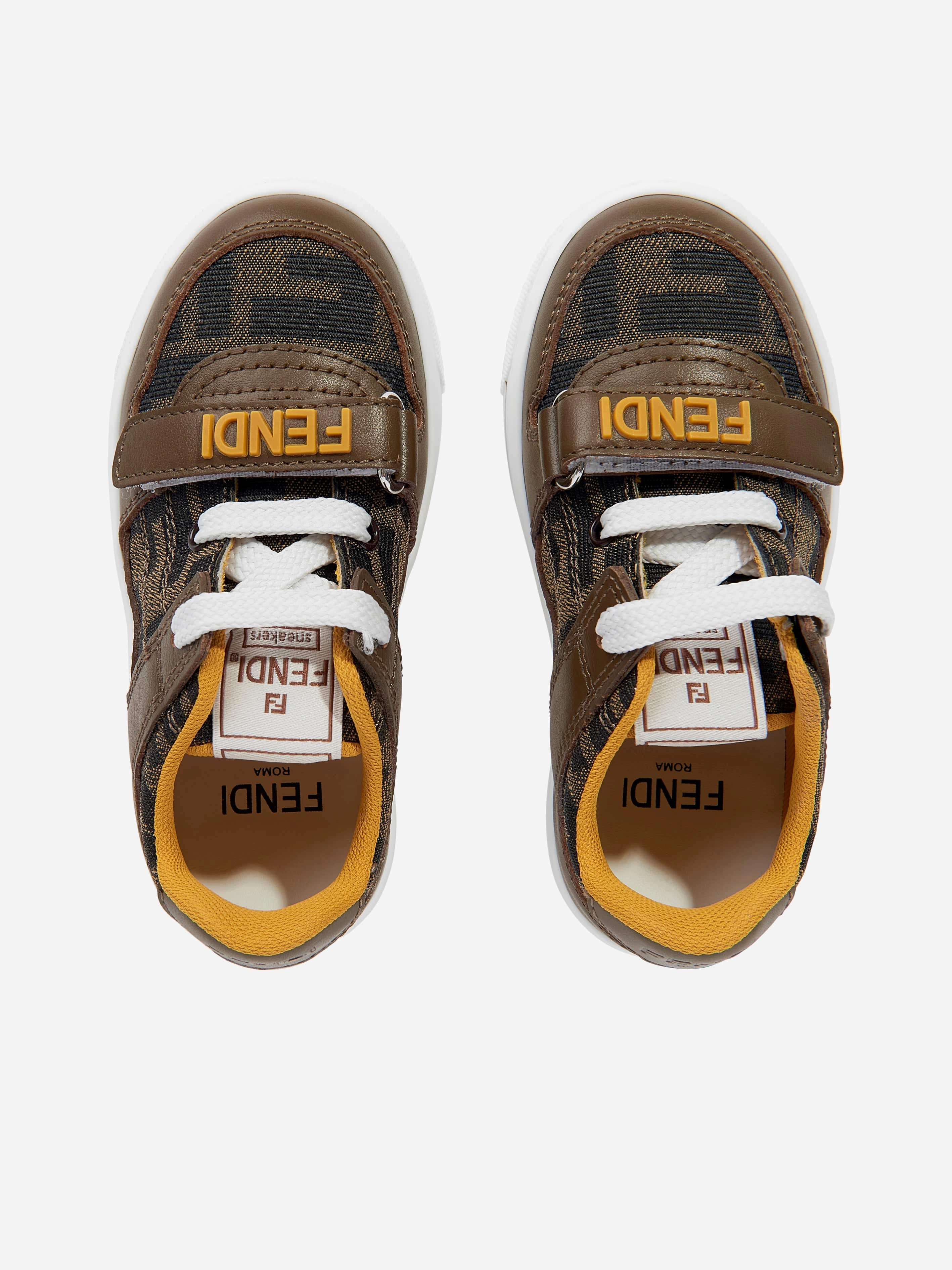 A Better Way To Shop Kids Leather Jacquard Logo Trainers in Brown Outfit For The Weekend
