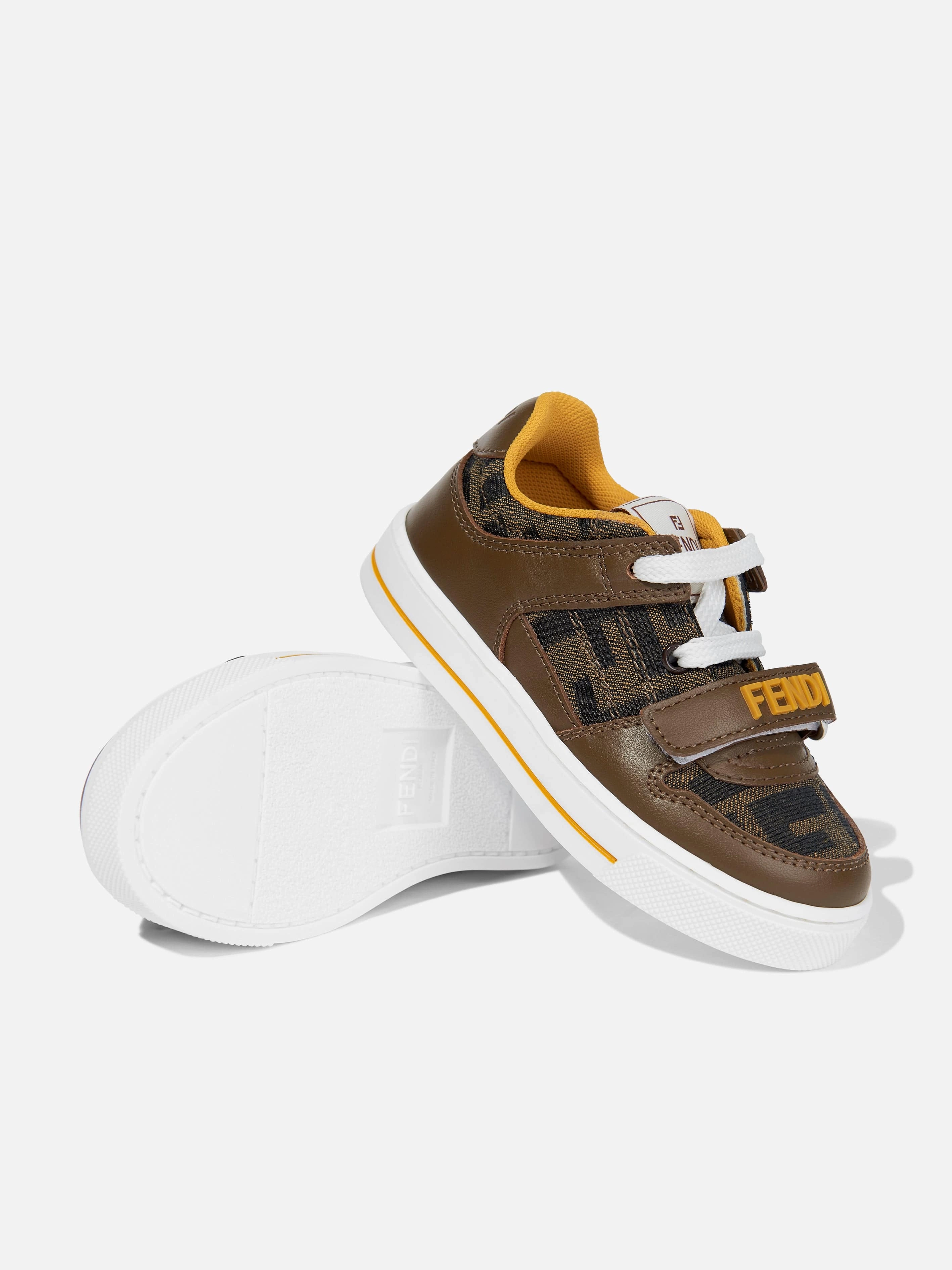 Kids Leather Jacquard Logo Trainers in Brown Save More Today, Collapsible, Bucket Bag For Summer Outings
