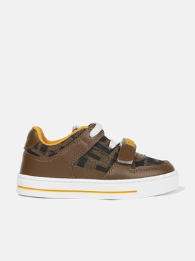 Small But Mighty Innovative Design Kids Leather Jacquard Logo Trainers in Brown Super value good