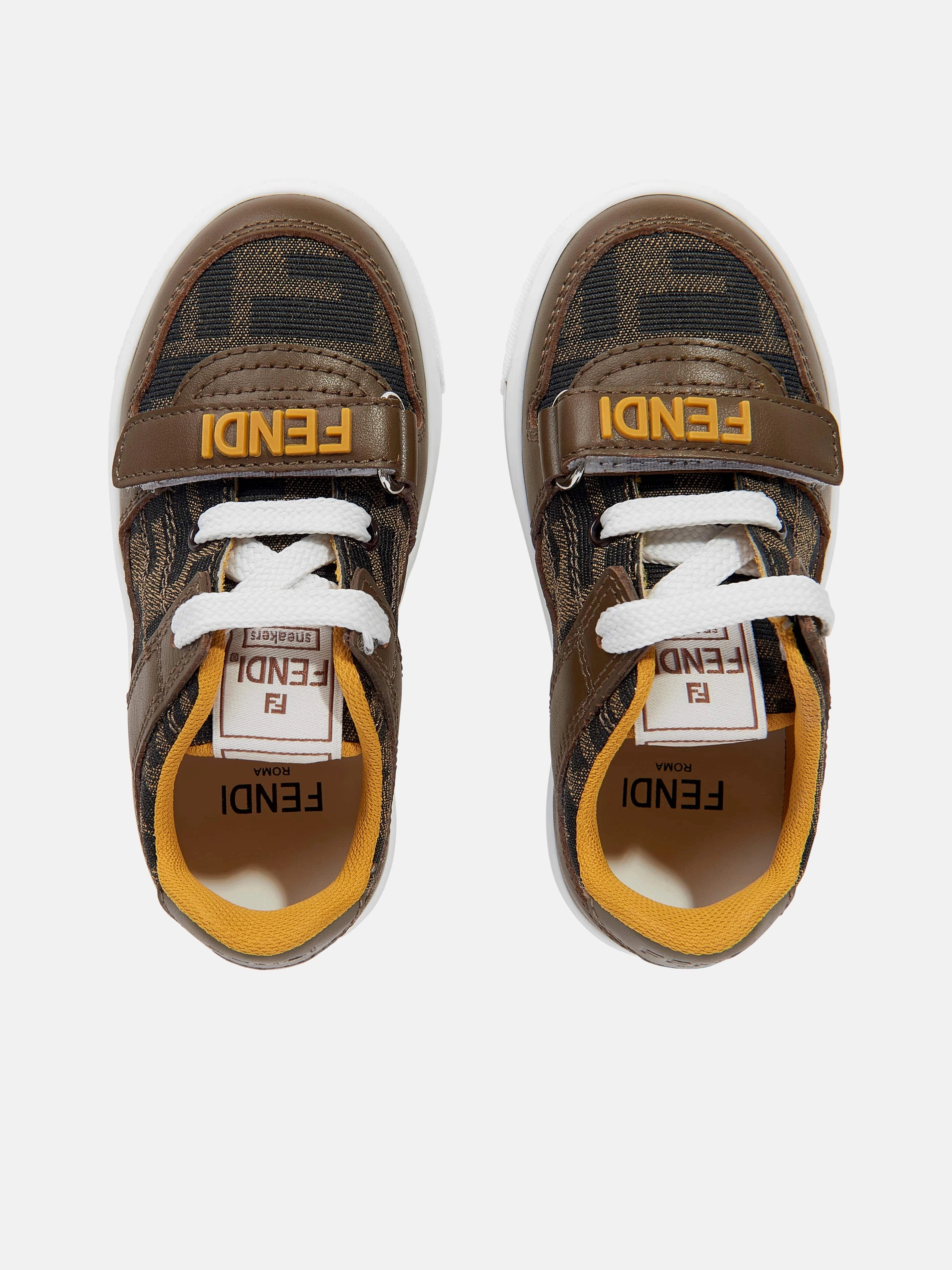 Fast & Secure Checkout Kids Leather Jacquard Logo Trainers in Brown Stylishly Engineered