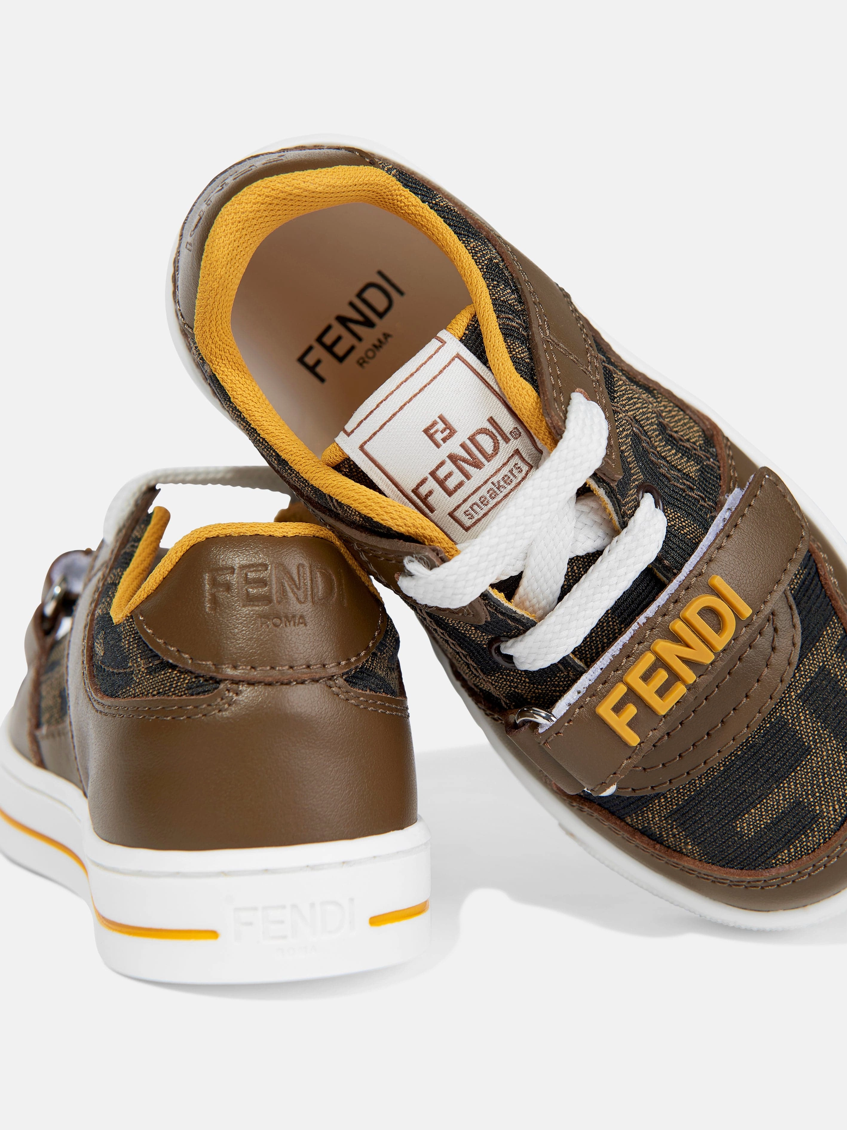 Flawless Finish Kids Leather Jacquard Logo Trainers in Brown Affordable Luxury