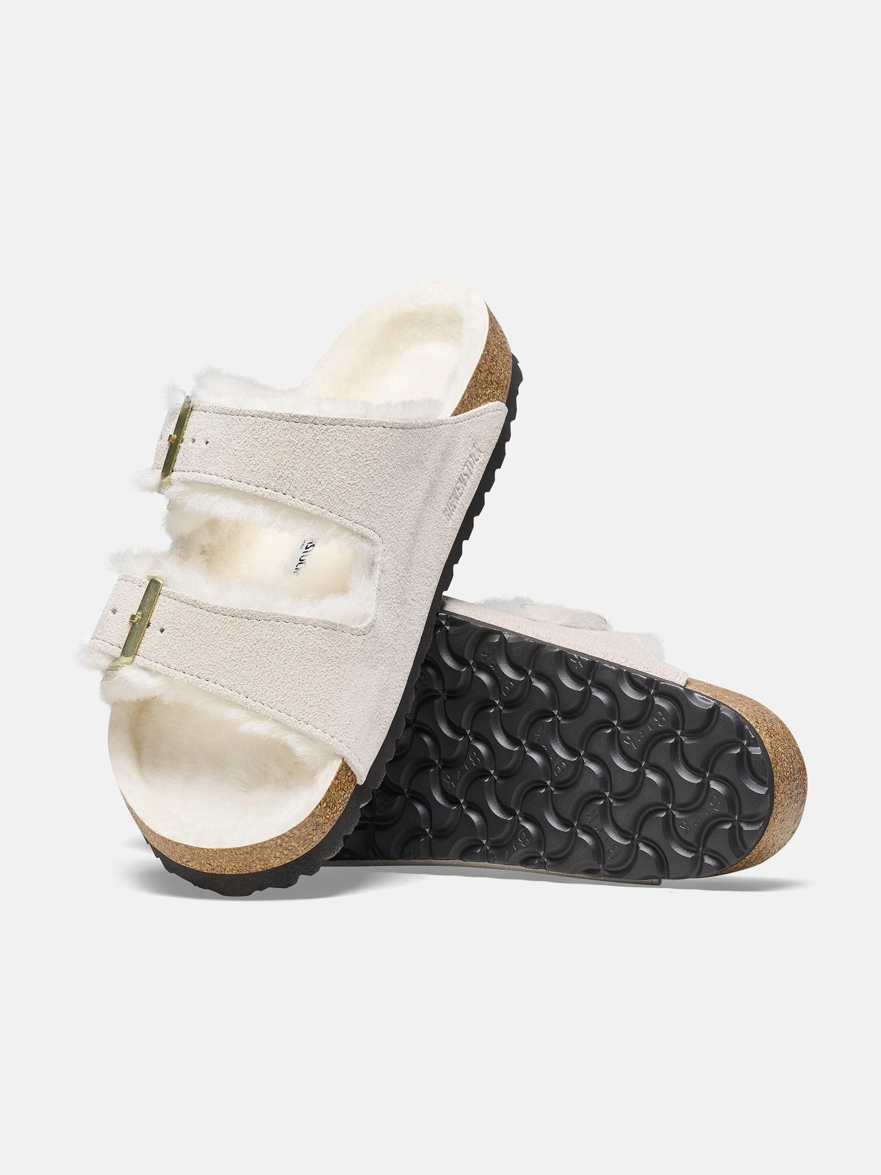 Sustainable BIRKENSTOCK Arizona Shearling Suede Sandals in White Unlined