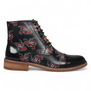 Justin Reess Heren Zwarte Oxford Enkellaarsjes van Leer met Bloemenprint - Adam Skull