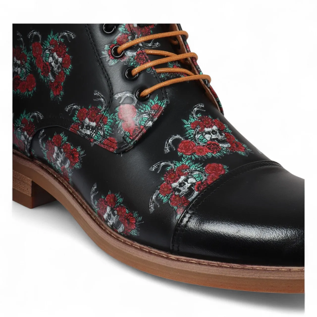 Justin Reess Heren Zwarte Oxford Enkellaarsjes van Leer met Bloemenprint - Adam Skull