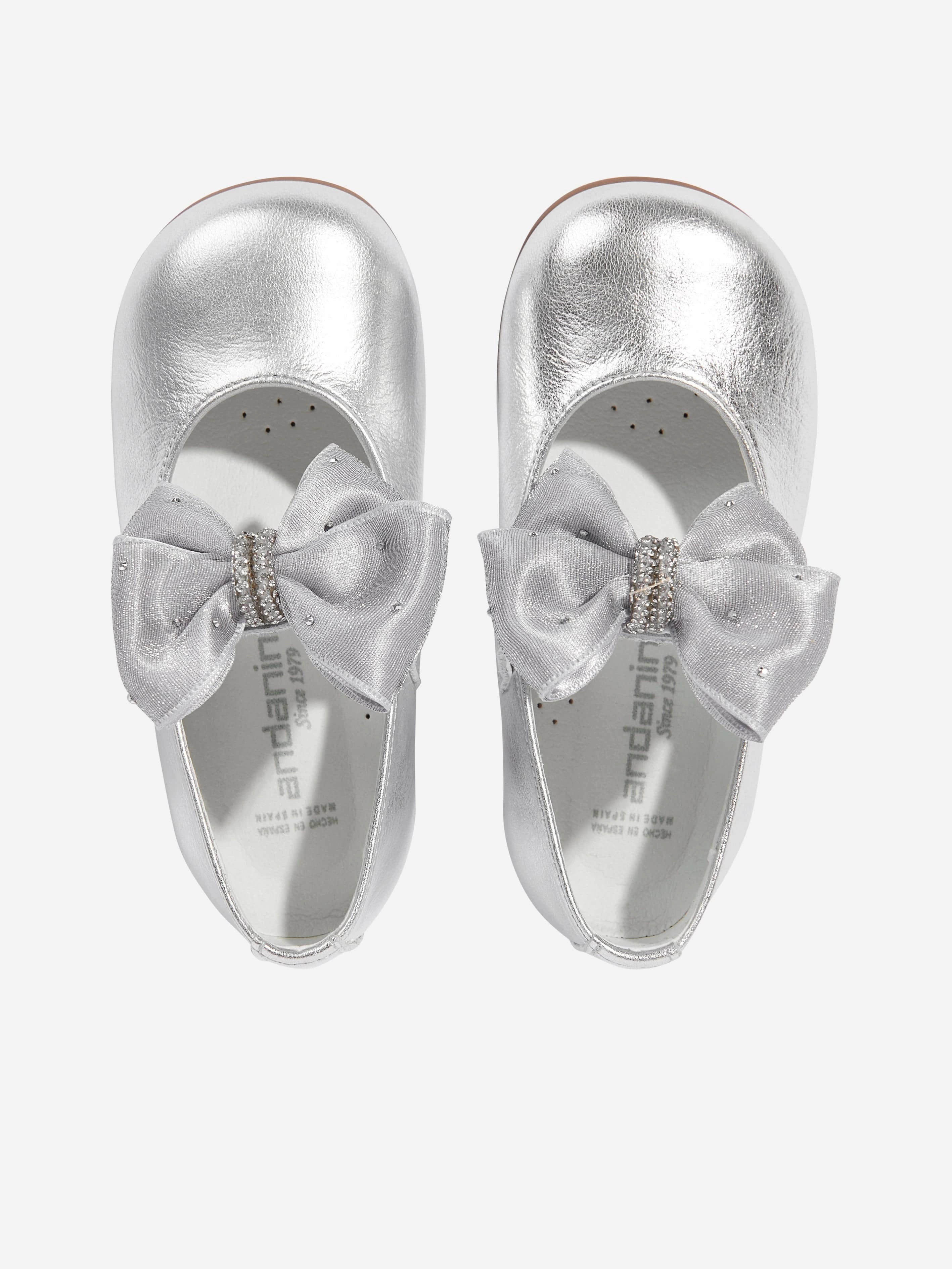 Andanines Girls Diamante Bow Shoes in Silver Shop With Confidence, Straw
