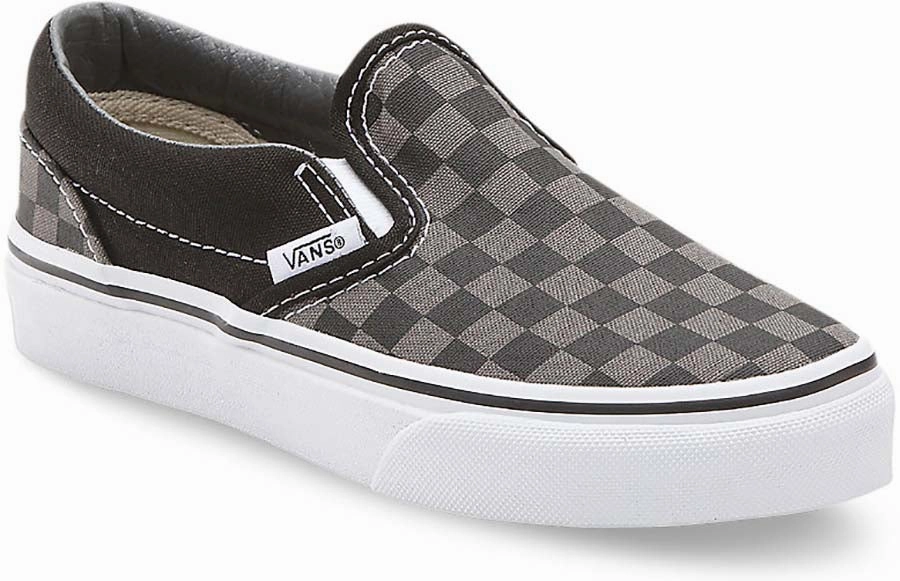 Vans Kids Classic Slip-On (Checker) Black/Pewter Detachable Strap, Fold-Over Flap, Built For The Long Haul