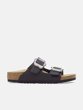 Limited-Time Special BIRKENSTOCK Girls Arizona Flower Buckle Sandals in Black Quality Security Discover New Arrivals