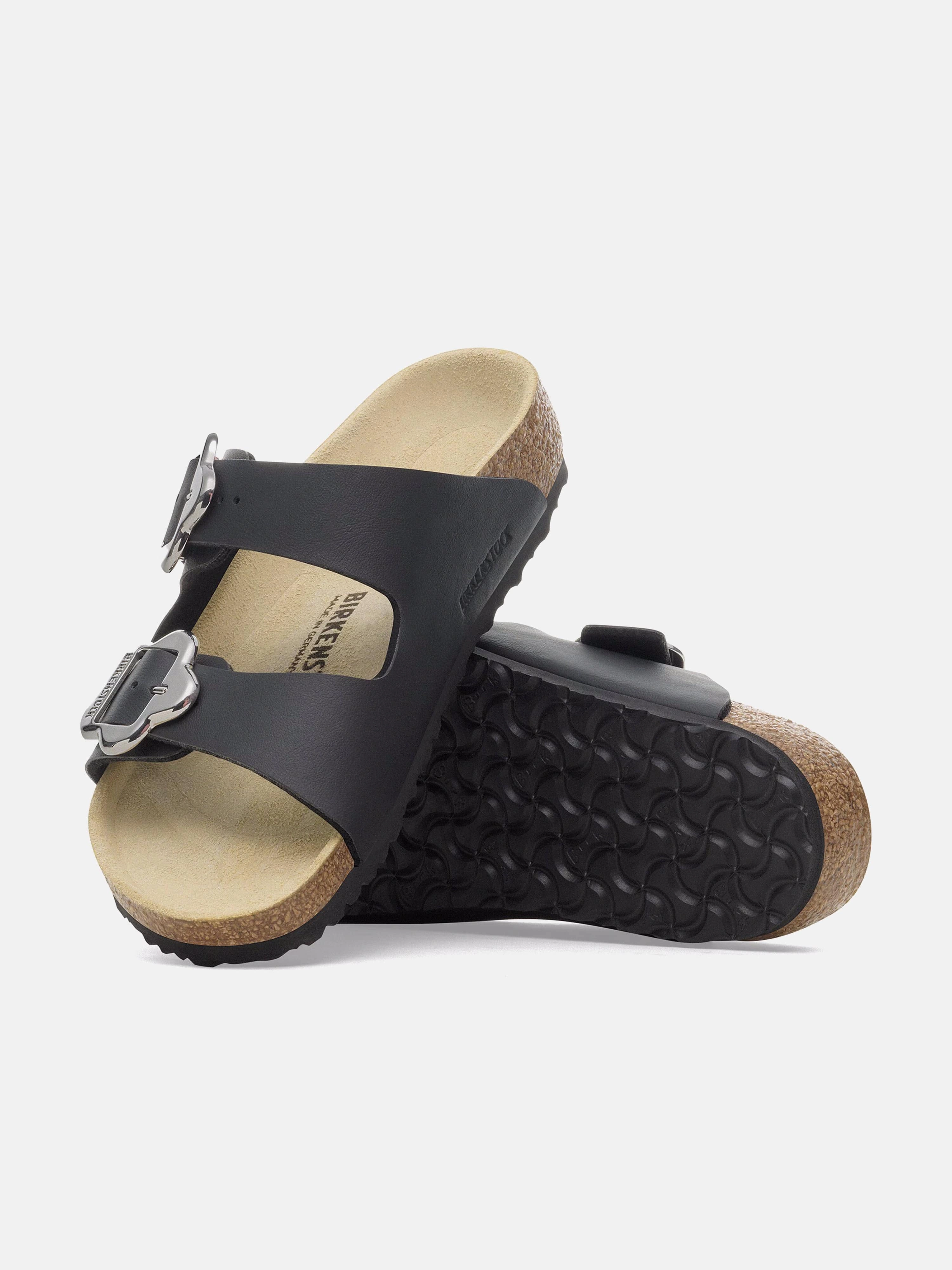 BIRKENSTOCK Girls Arizona Flower Buckle Sandals in Black Roll Handle Strap, Best Deal Online, Worry-Free Wear
