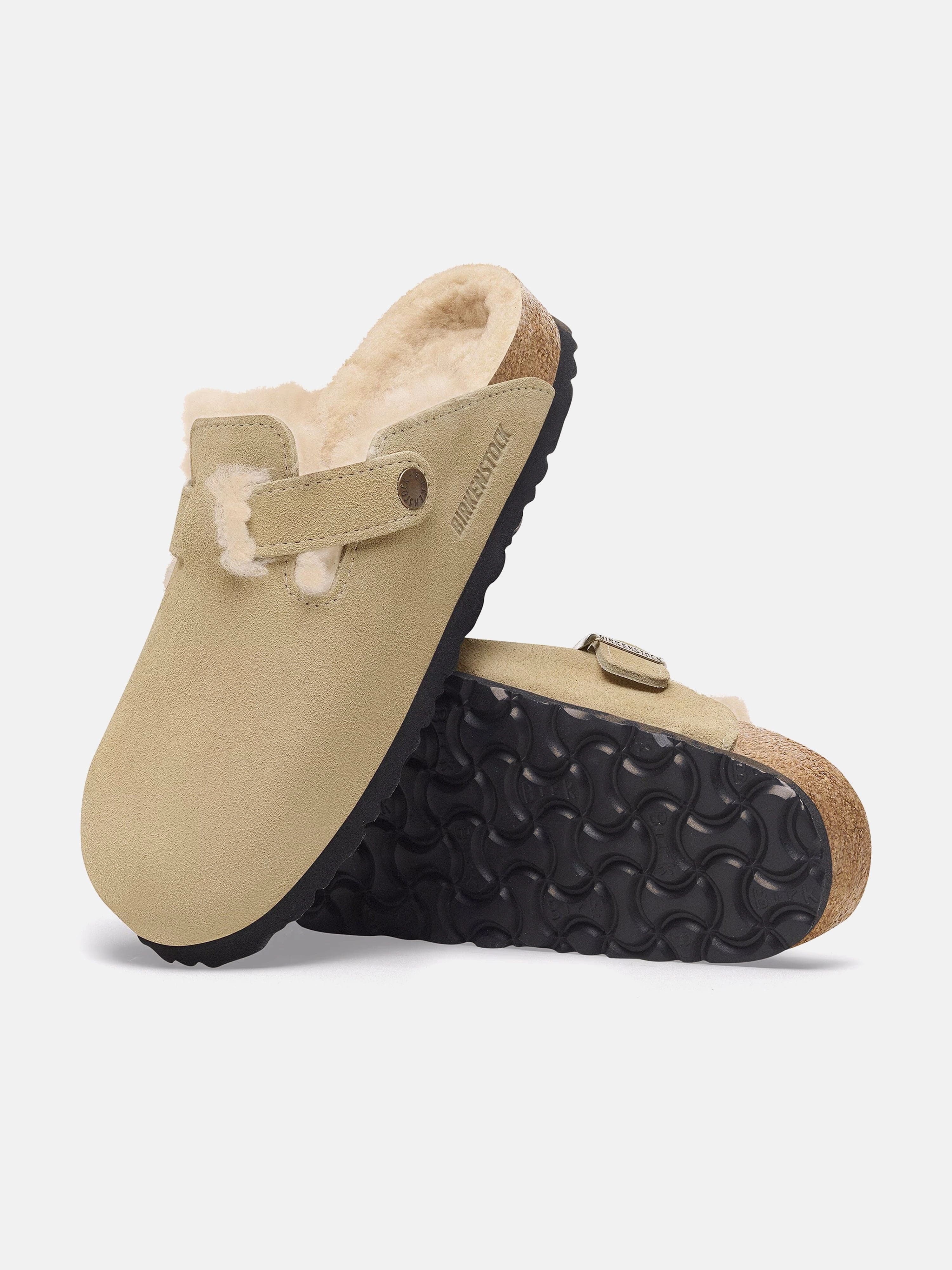 BIRKENSTOCK Kids Boston Shearling Suede Clogs in Beige Clutch With Magnetic Snap Closure, Stylishly Engineered