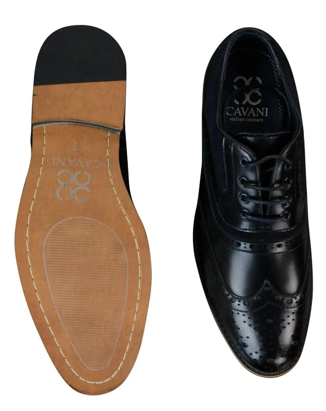 Mens Classic Navy Suede Oxford Brogue Shoes in Black Leather