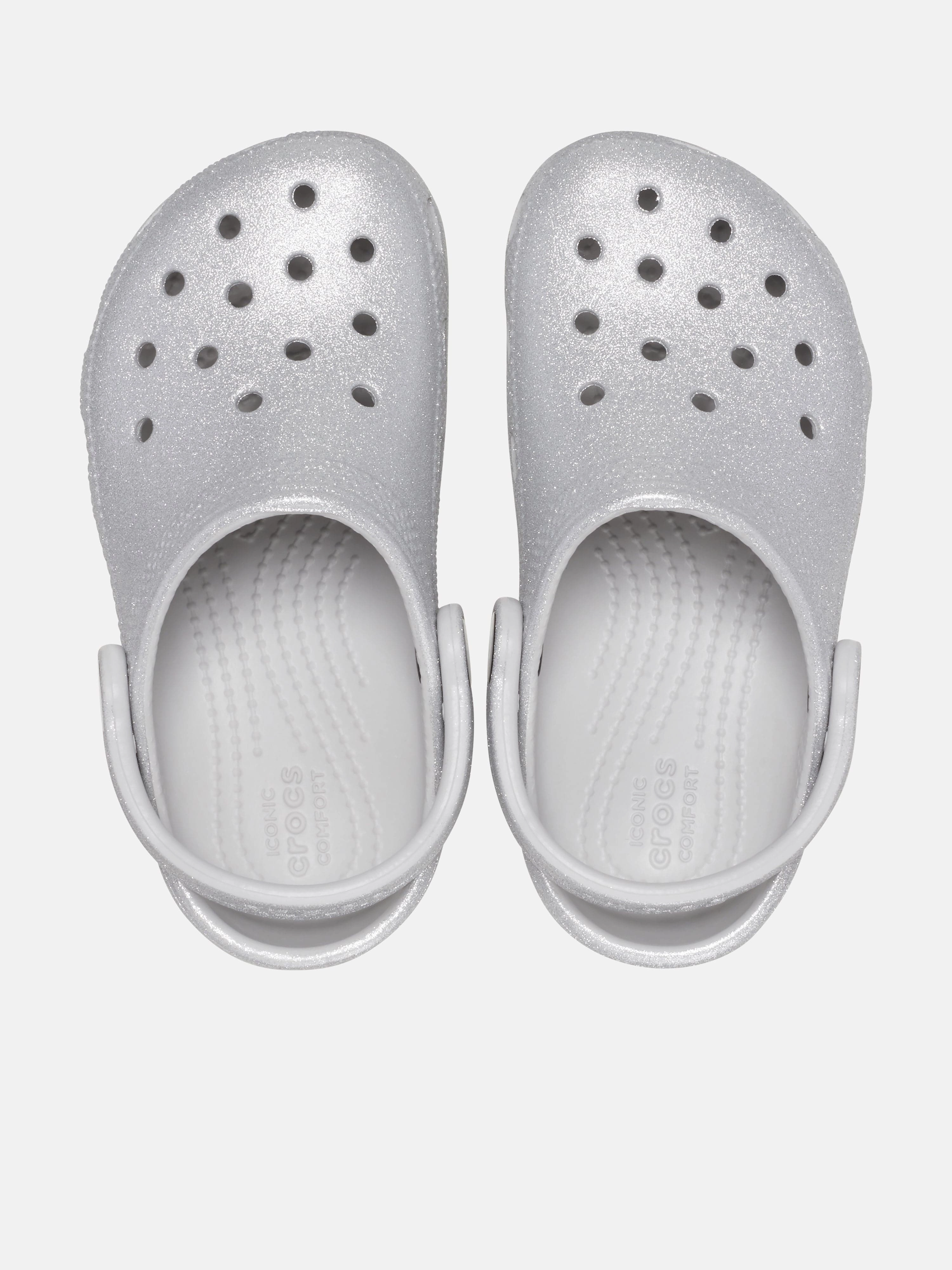 Crocs Girls Classic Glitter Clog in Silver Minimalist