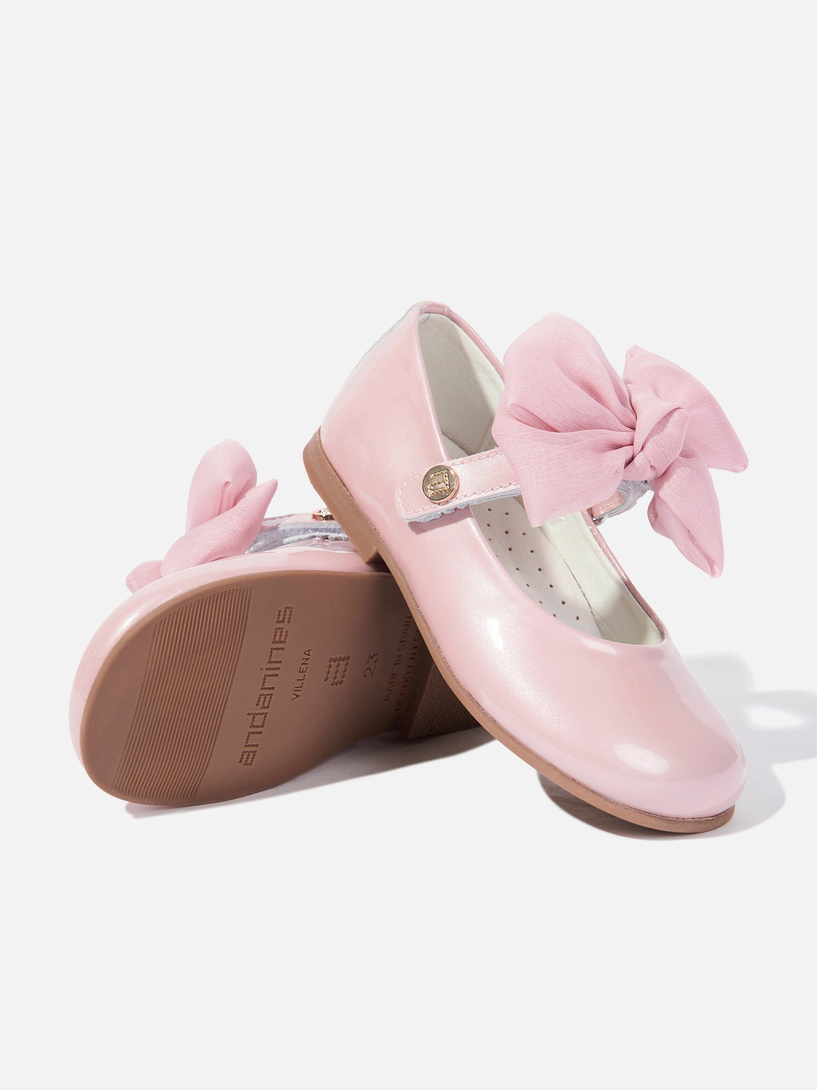 Andanines Girls Patent Leather Bow Shoes in Pink Faux Leather, Detachable Strap