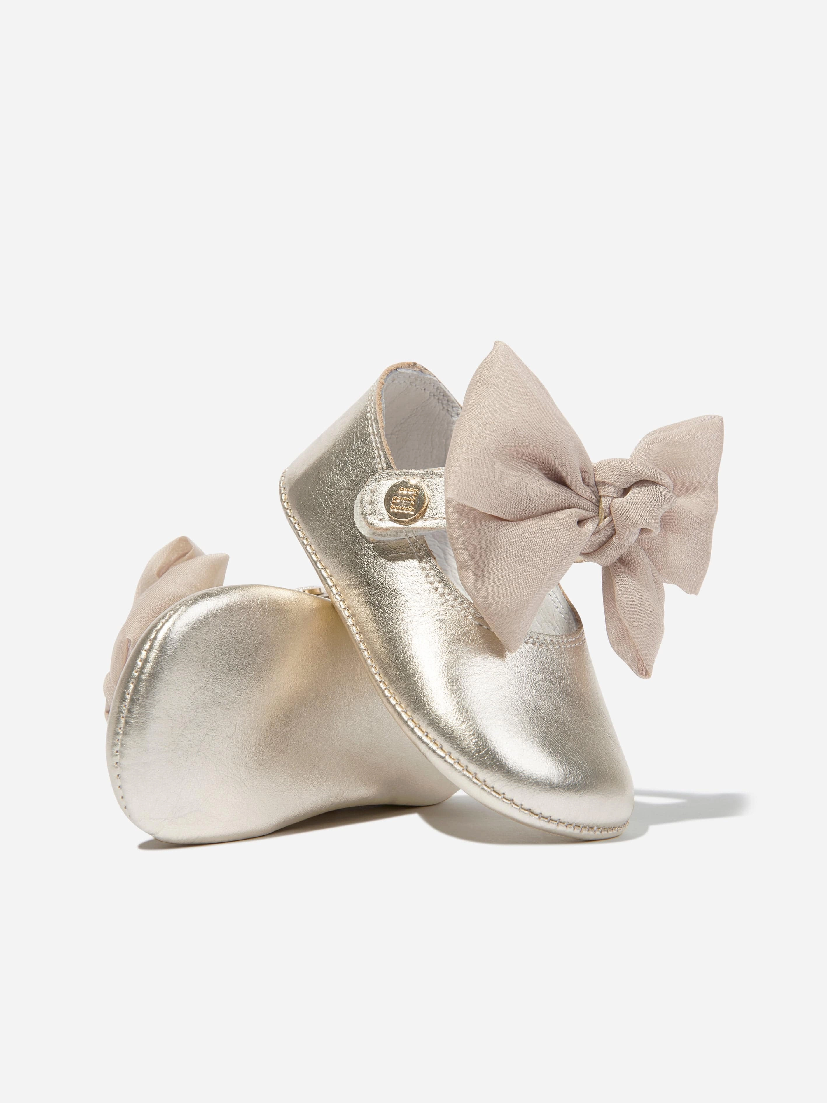 Andanines Baby Girls Leather Bow Shoes in Gold Easy Checkout