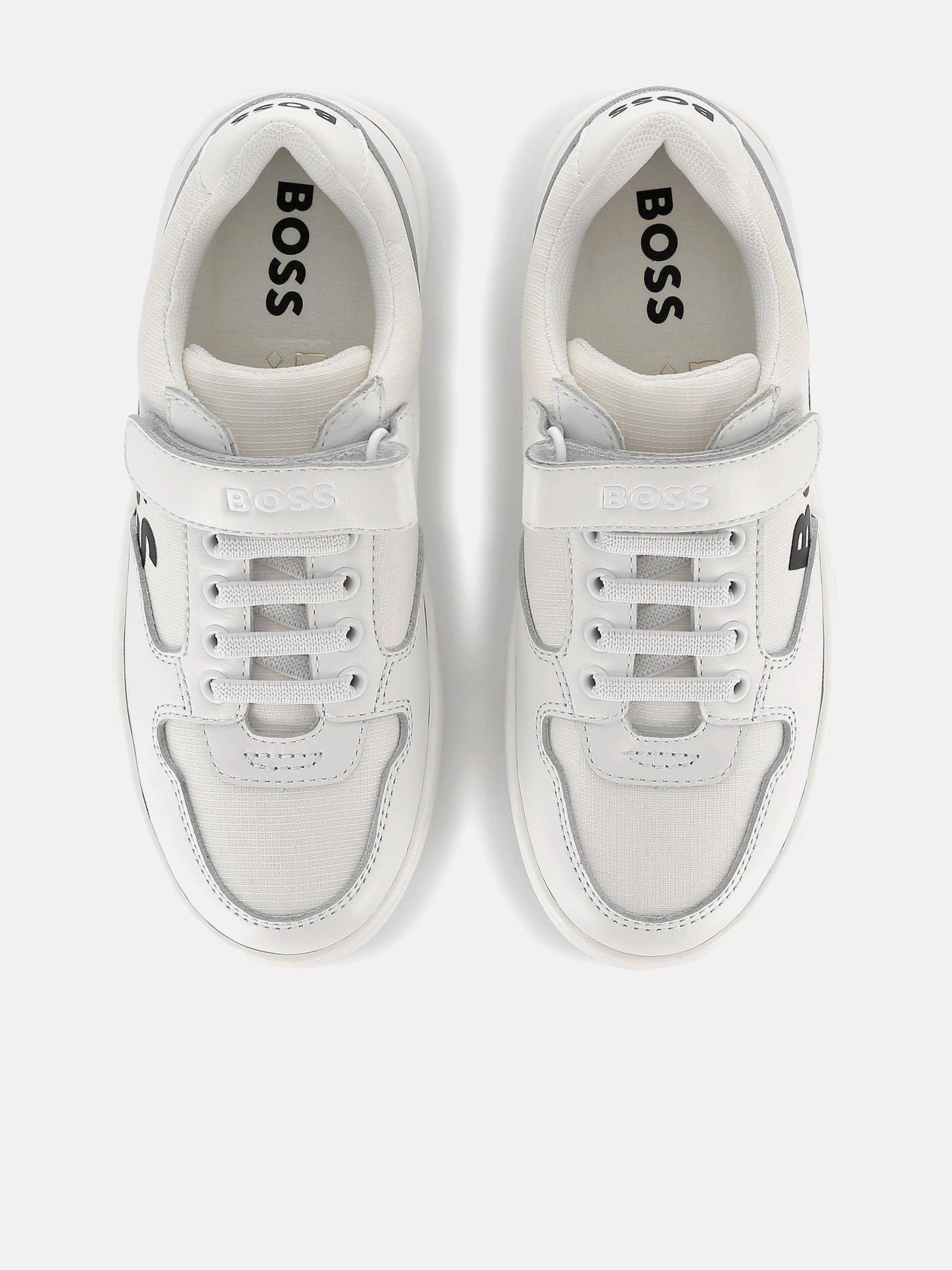 White Canvas Tote Bag, Unisex Laptop Backpack, Top Handle BOSS Boys Logo Trainers in White