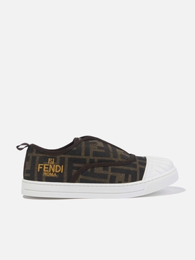 Made With Care, Trendy New Technology Fendi Kids FF Logo Trainers in Brown Recommended by Users