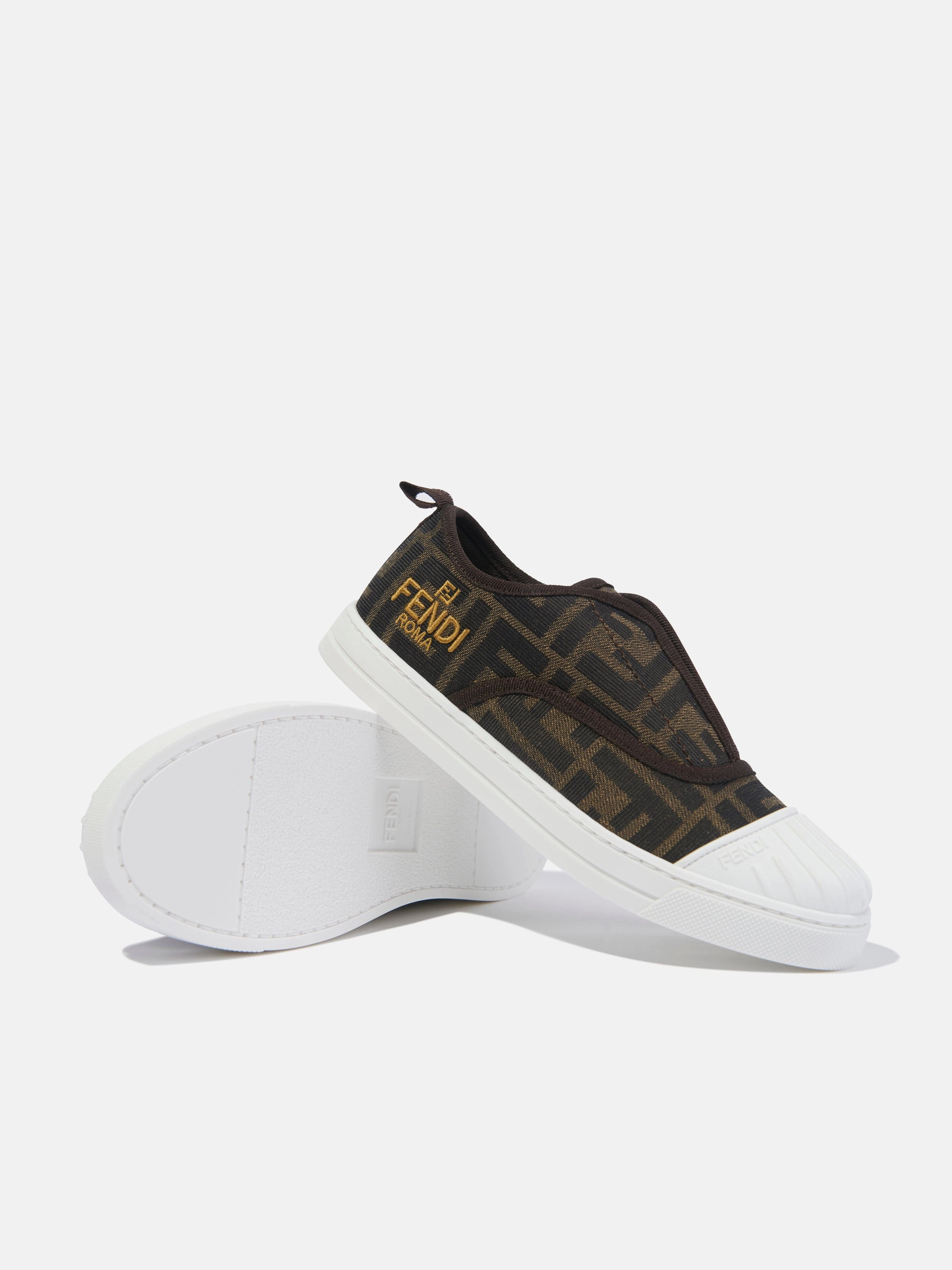 From Desk To Dinner Fendi Kids FF Logo Trainers in Brown Rfid Blocking