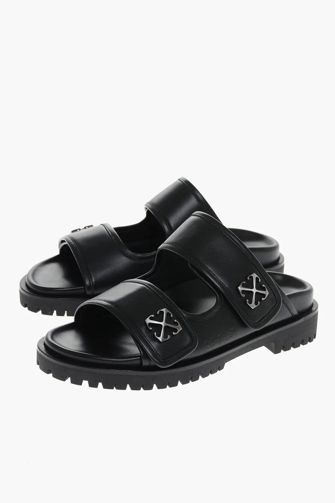 Off-White Leather Sandals With Silver Metal Arrow