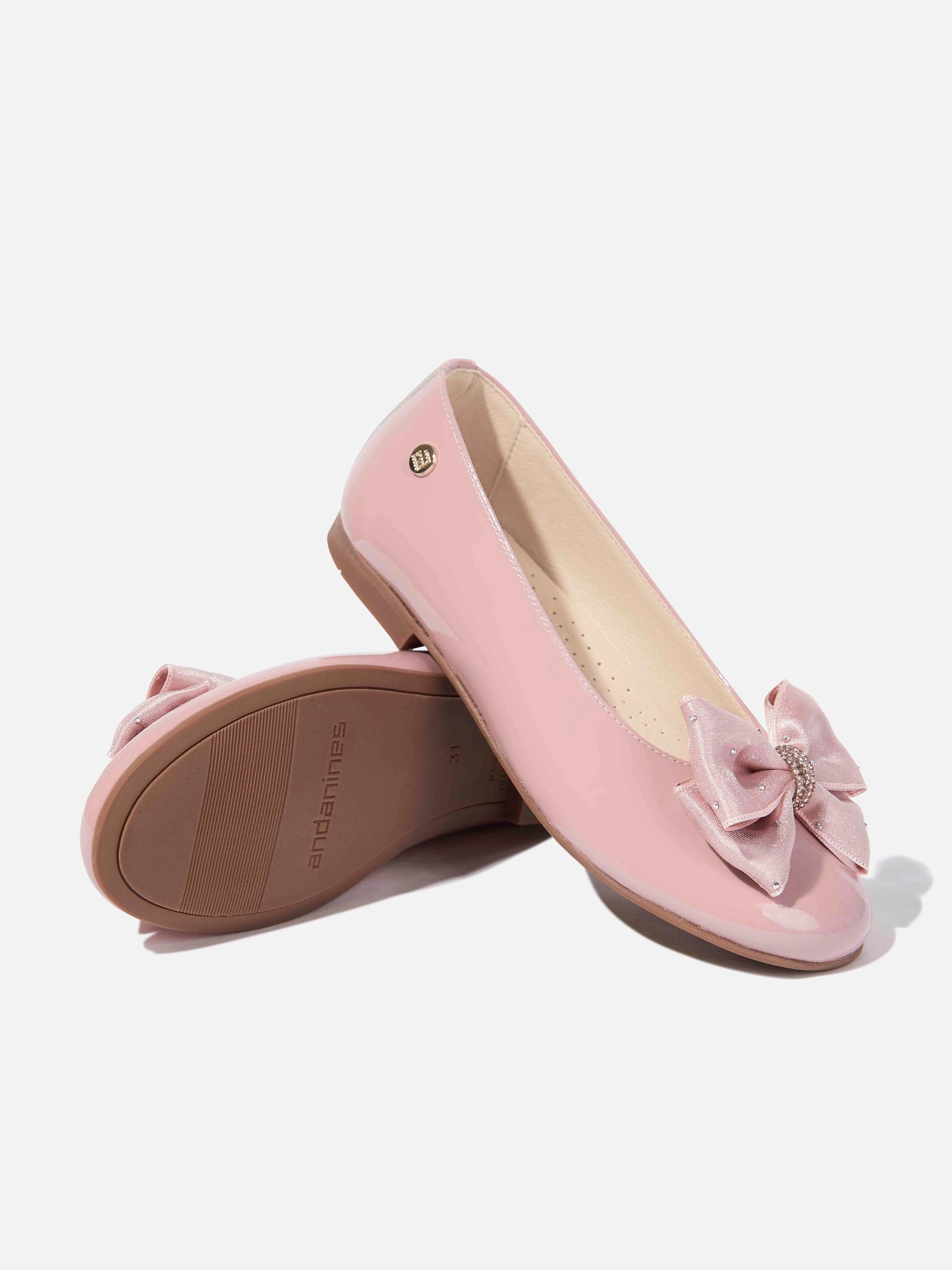 Trusted By Thousands Andanines Girls Patent Leather Bow Ballerinas in Pink