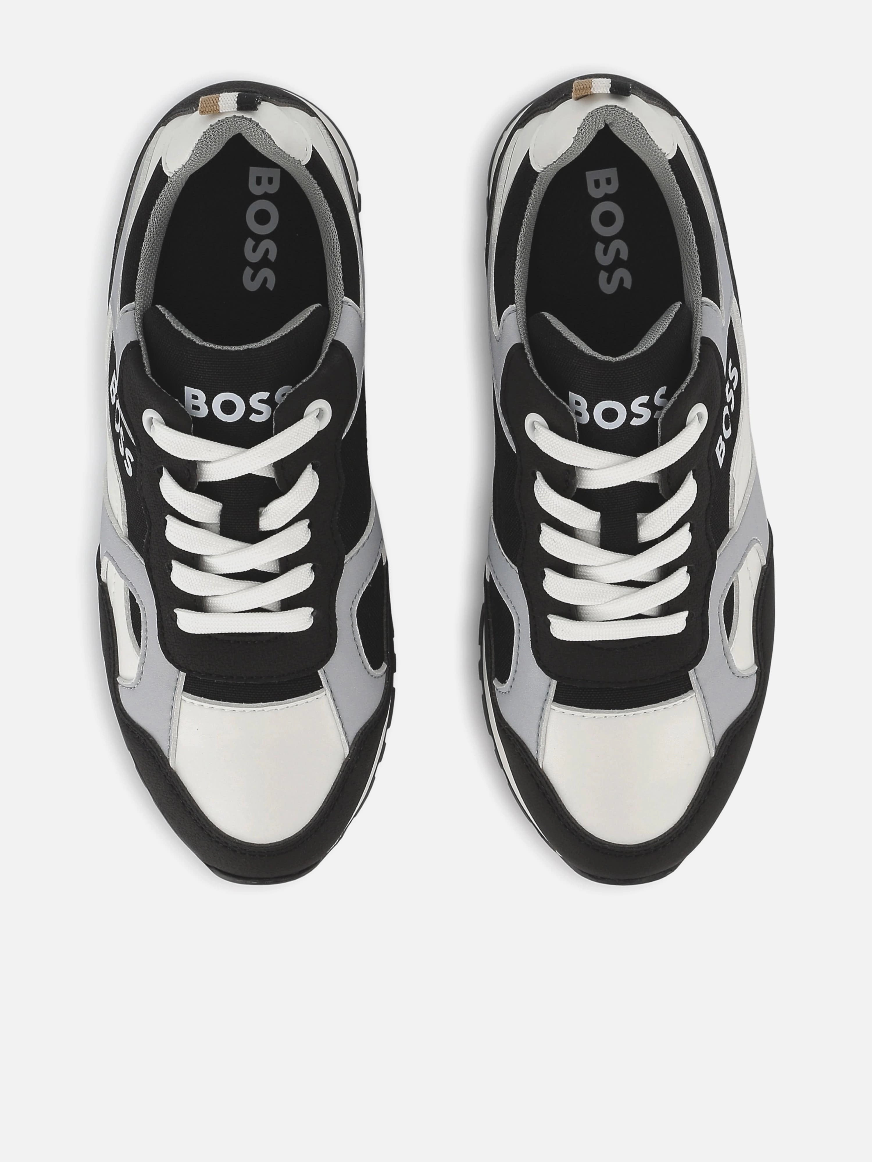 Timeless Look, Designer BOSS Boys Lace Up Logo Trainers in Black