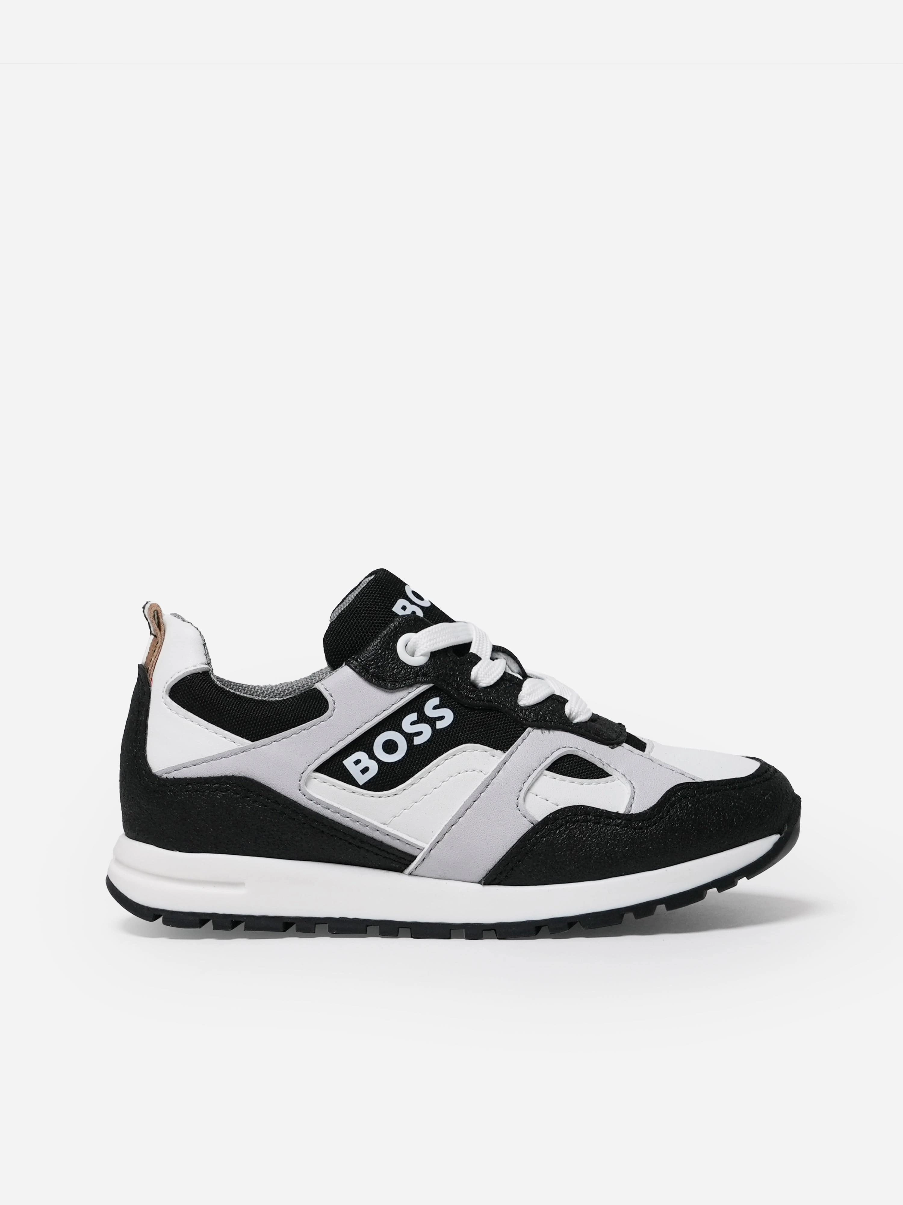 Lining Padded Compartment BOSS Boys Lace Up Logo Trainers in Black Temporary special