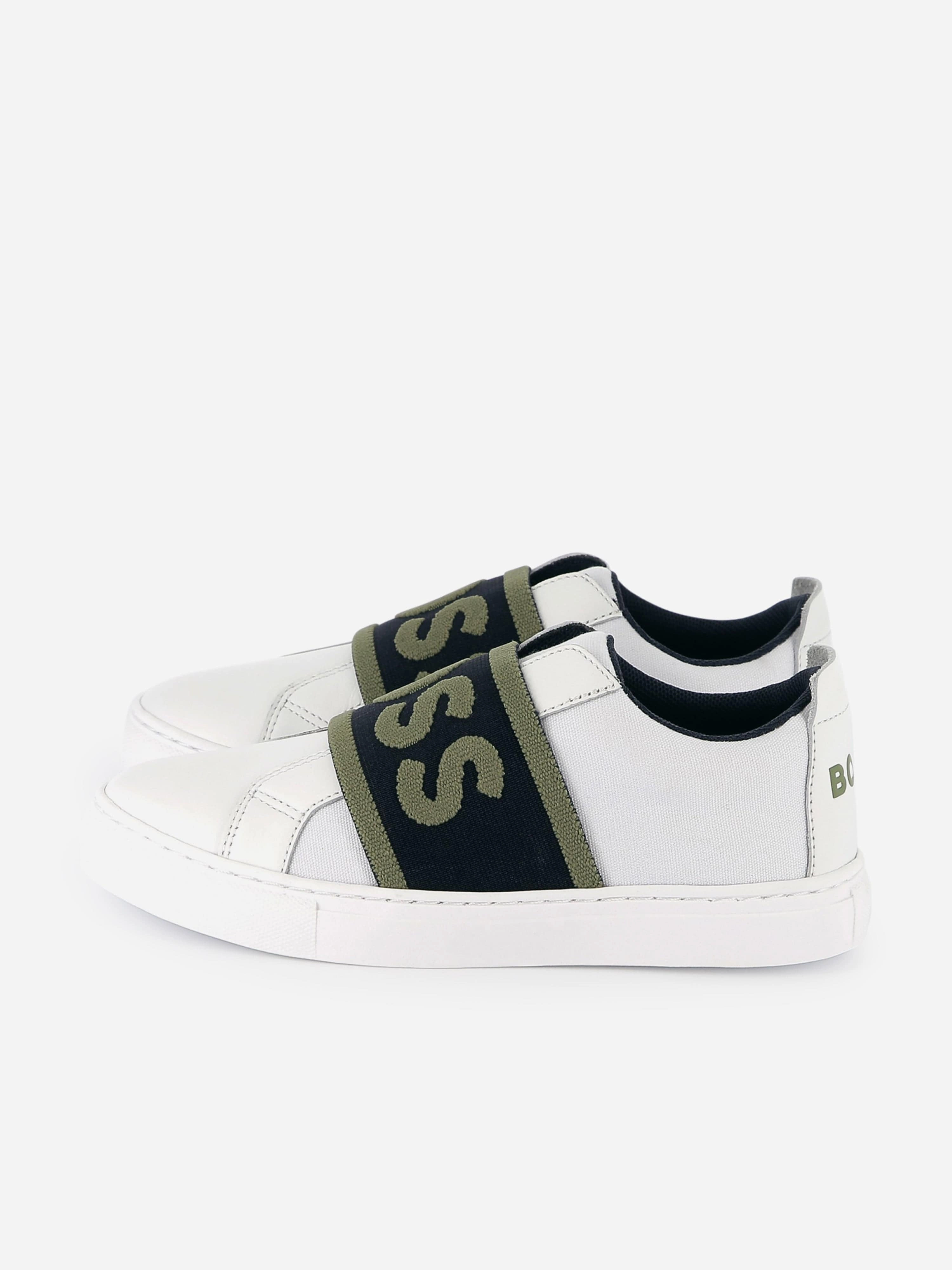 Sleek & Affordable Party style discount BOSS Boys Leather Logo Trainers in White Exclusive discount