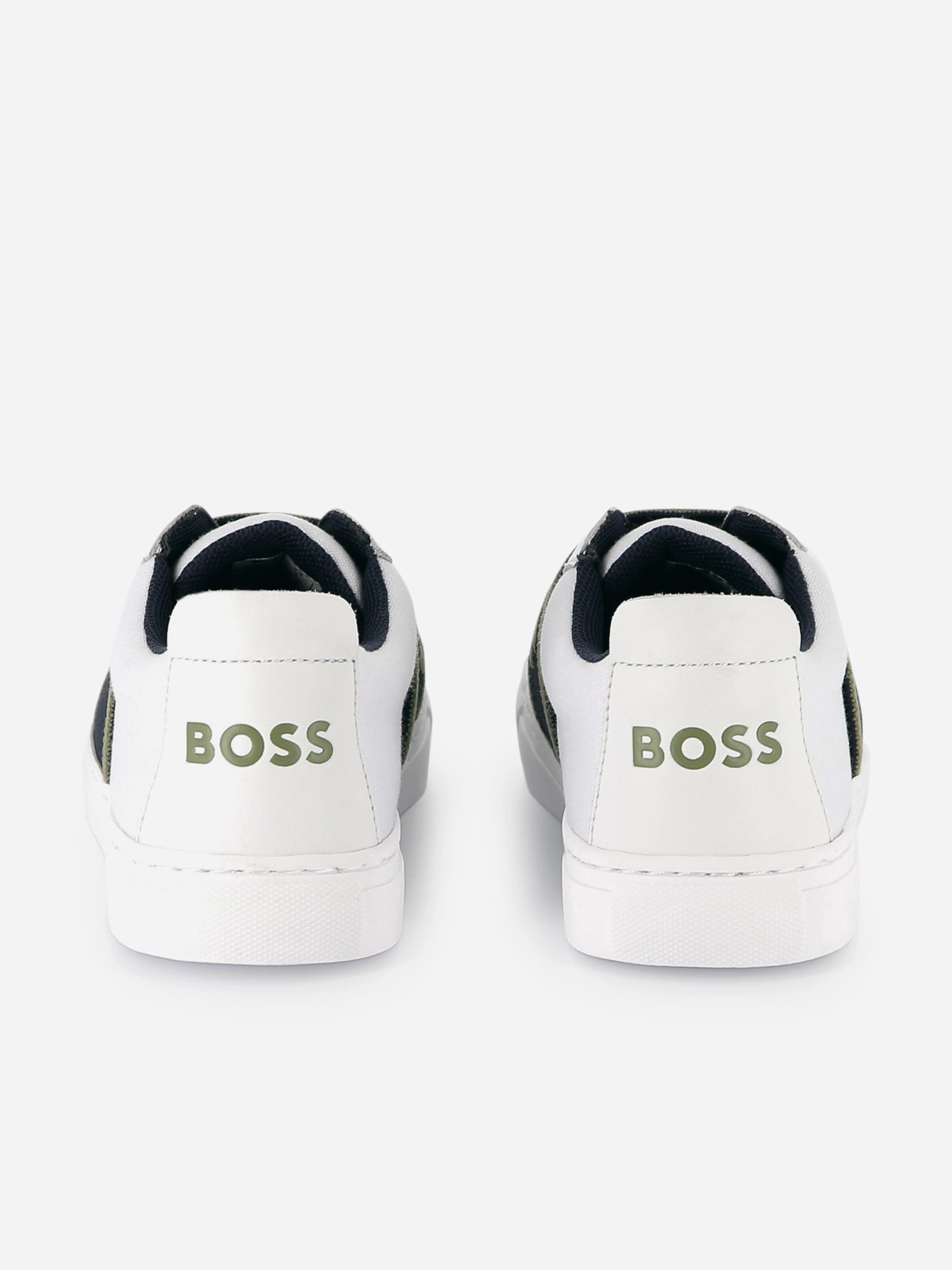 BOSS Boys Leather Logo Trainers in White Perfect Fit, Detachable Strap, Fits Every Occasion