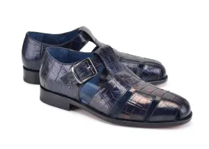 Pelle Crocodile Printed Calfskin Sandal Blue