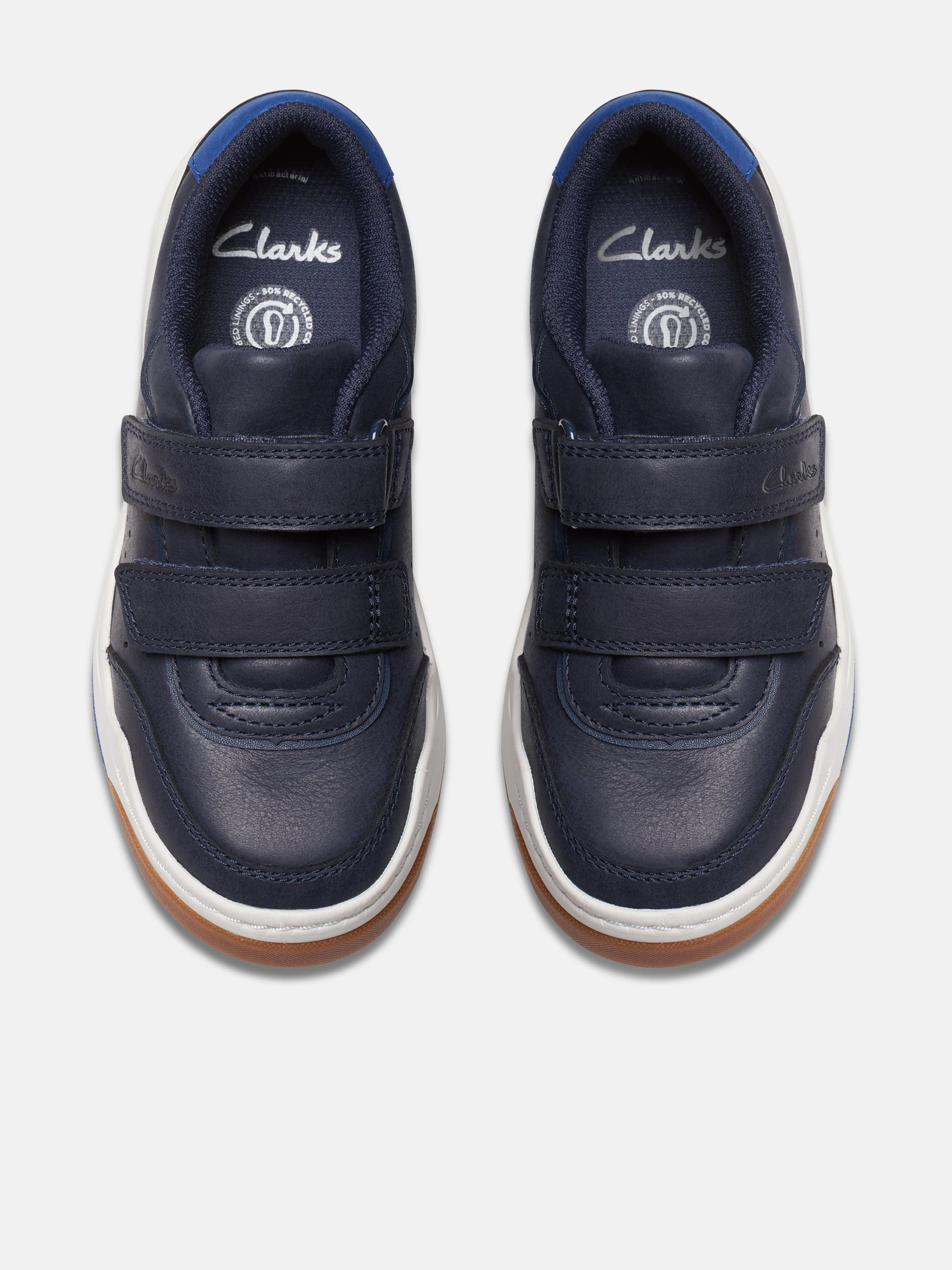 Clarks Kids Leather Urban Solo Trainers in Navy Strap Pad