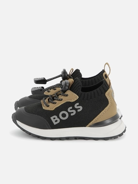 Vegan Leather Problem Solved BOSS Boys Logo Sock Trainers in Brown Rfid Blocking