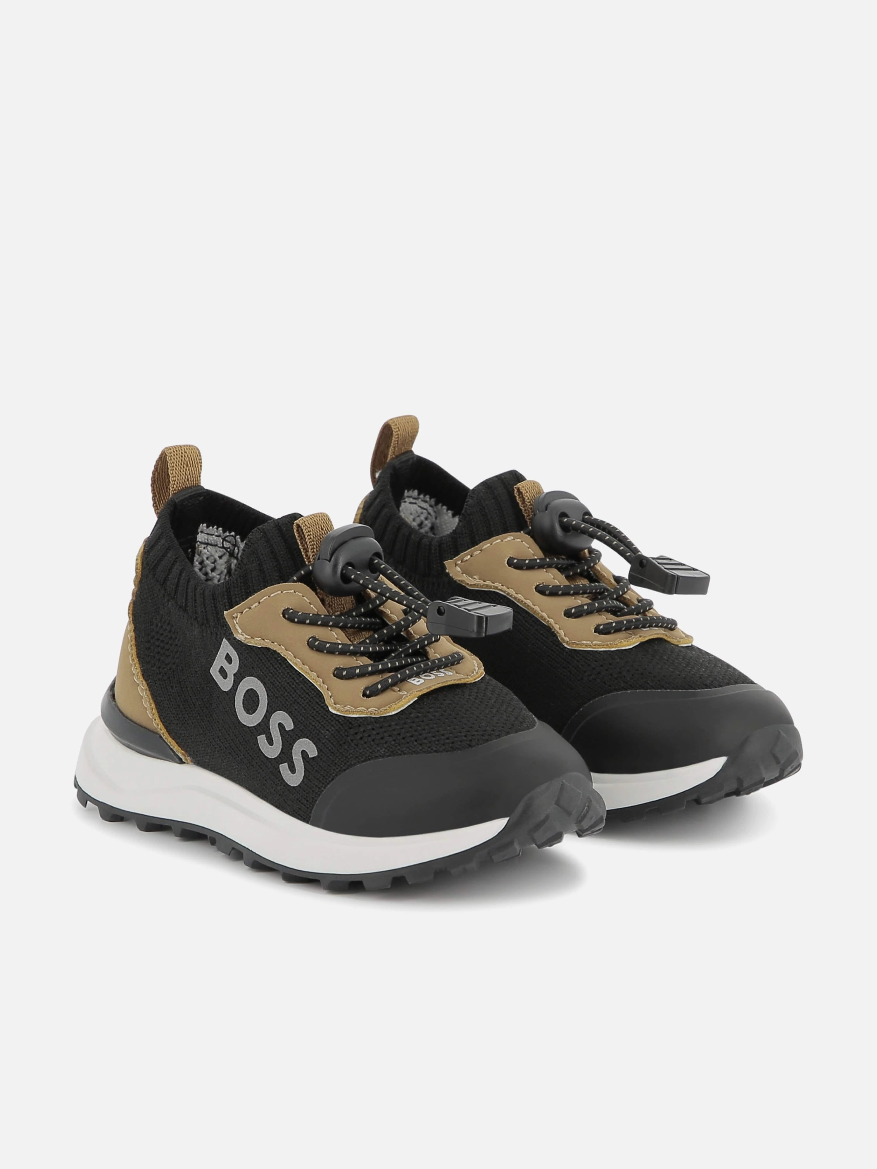 Minimalist BOSS Boys Logo Sock Trainers in Brown Classic