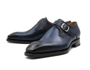 "Eric" Burnished Calfskin Monkstrap Shoe Blue