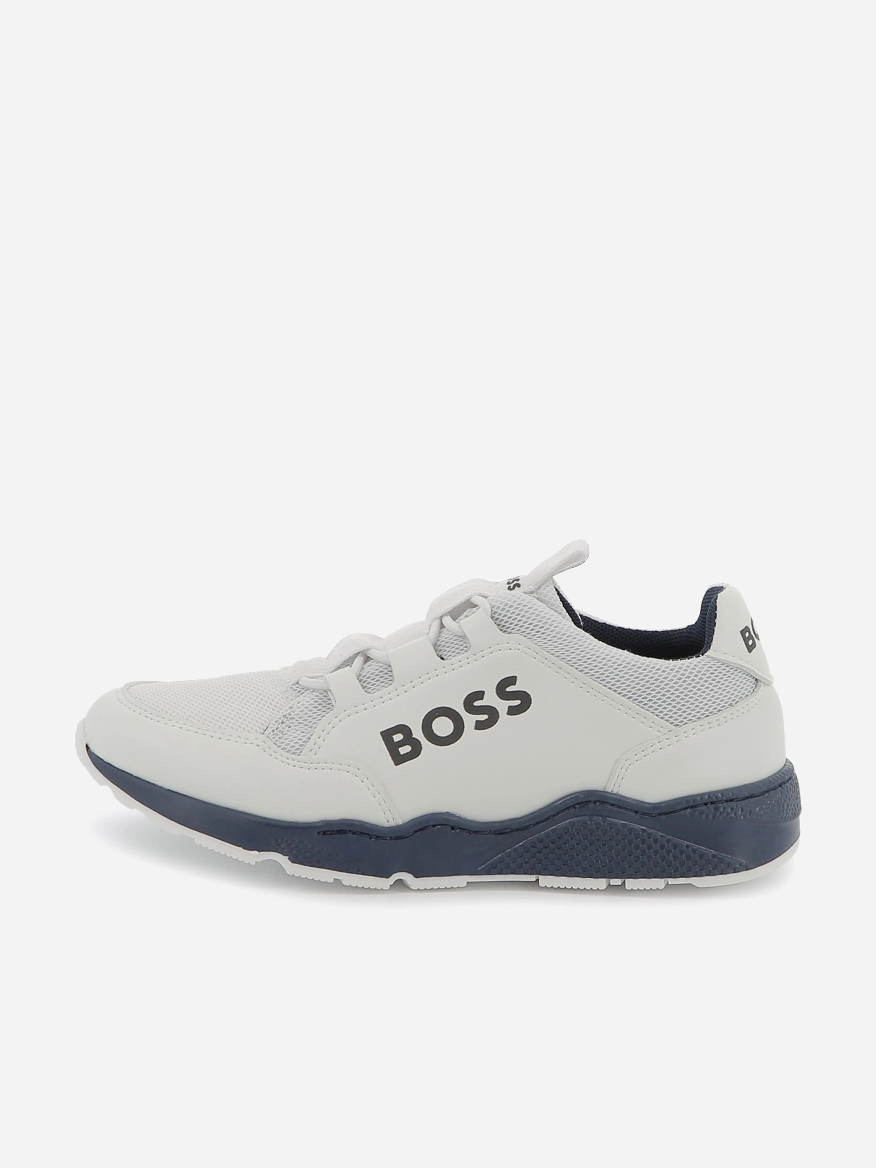 Ready To Ship BOSS Boys Lace Up Logo Trainers in White Drawstring Closure