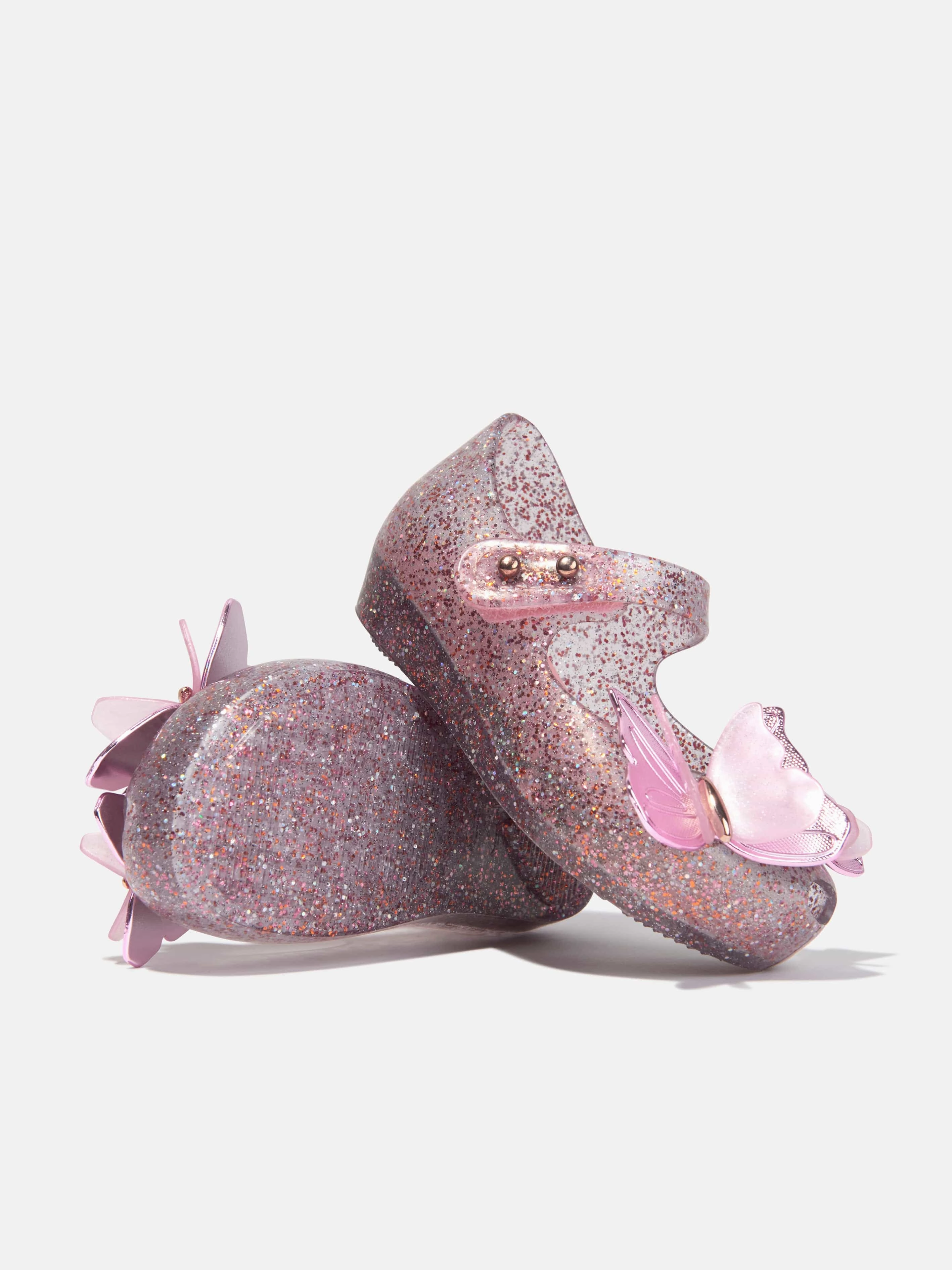 Mini Melissa Girls Mini Ultragirl Butterfly Jelly Ballerinas in Pink Metallic Silver Clutch Purse, Brown Leather Duffel