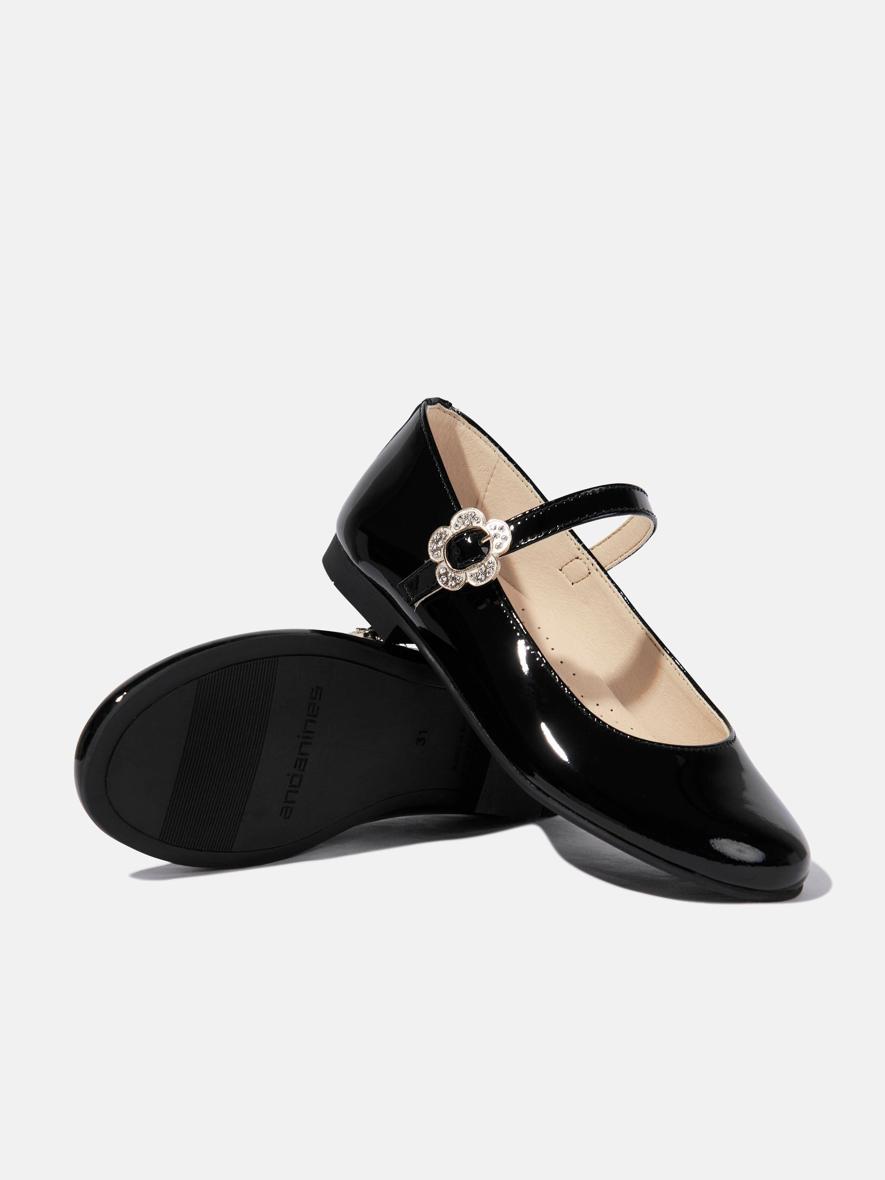 Collapsible, Designer Leather Handbag For Women Andanines Girls Patent Leather Mary Jane Shoes in Black