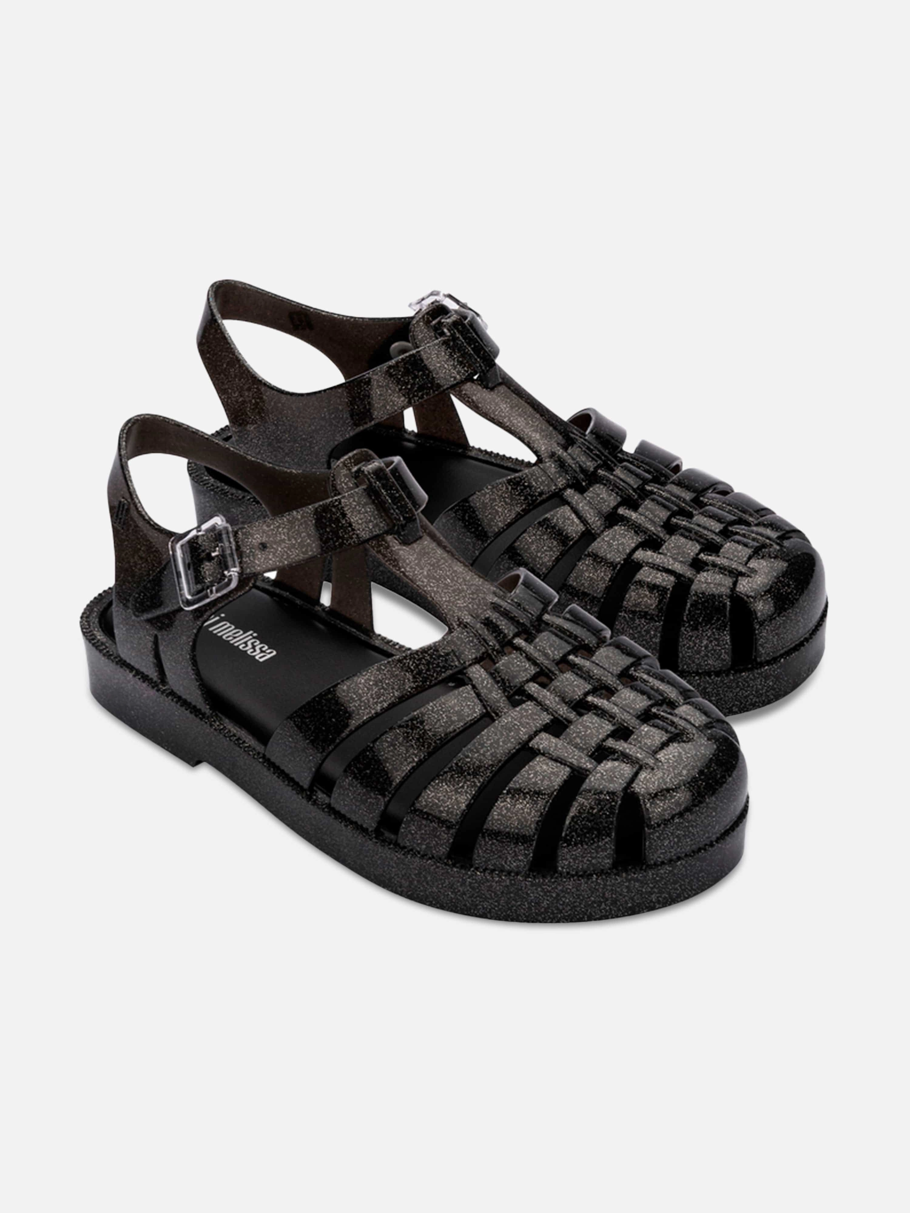 Mini Melissa Girls Possession Shiny Sandals in Black Top Zipper