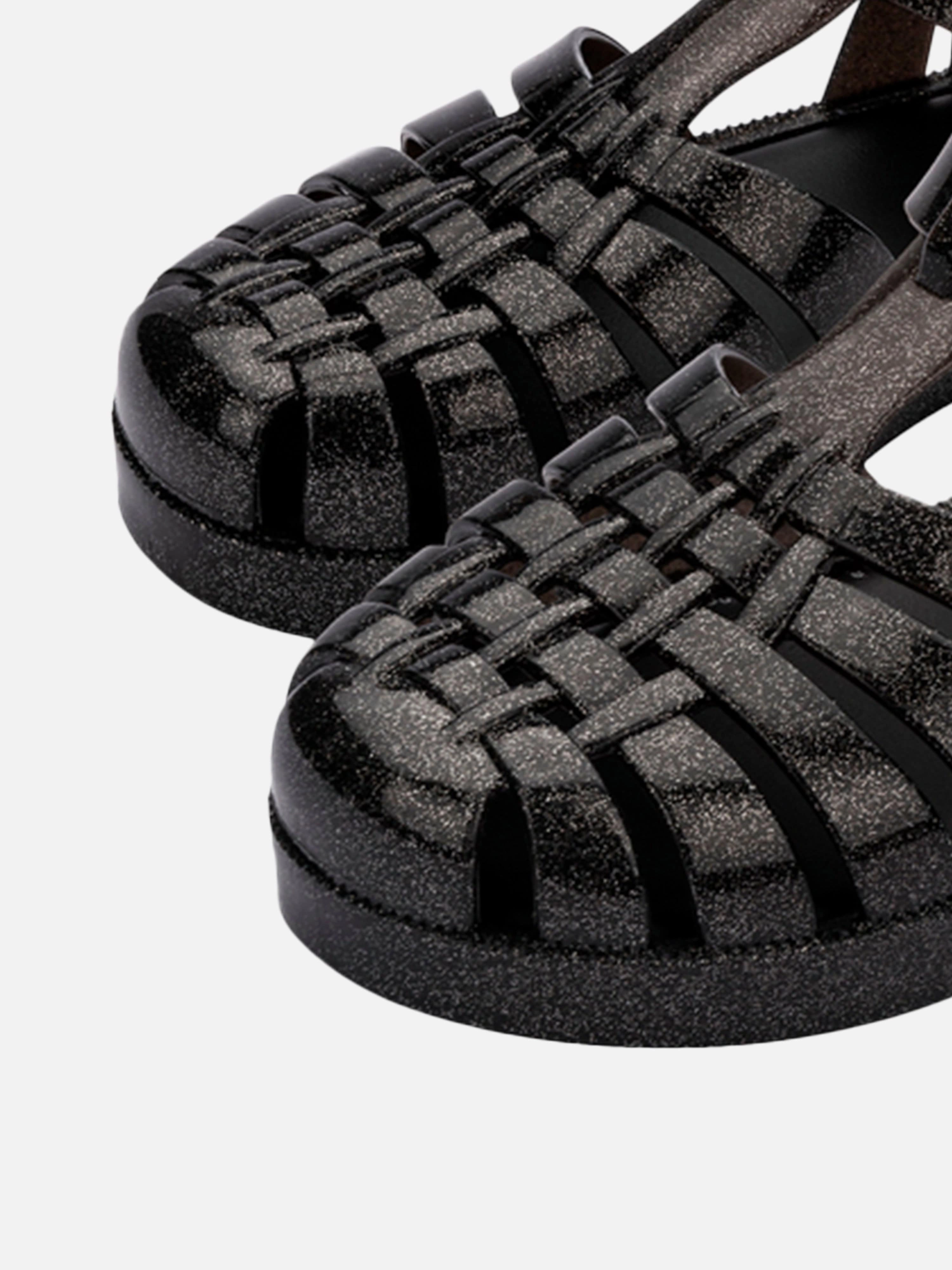 Quick Access Pocket Mini Melissa Girls Possession Shiny Sandals in Black This Is A Steal