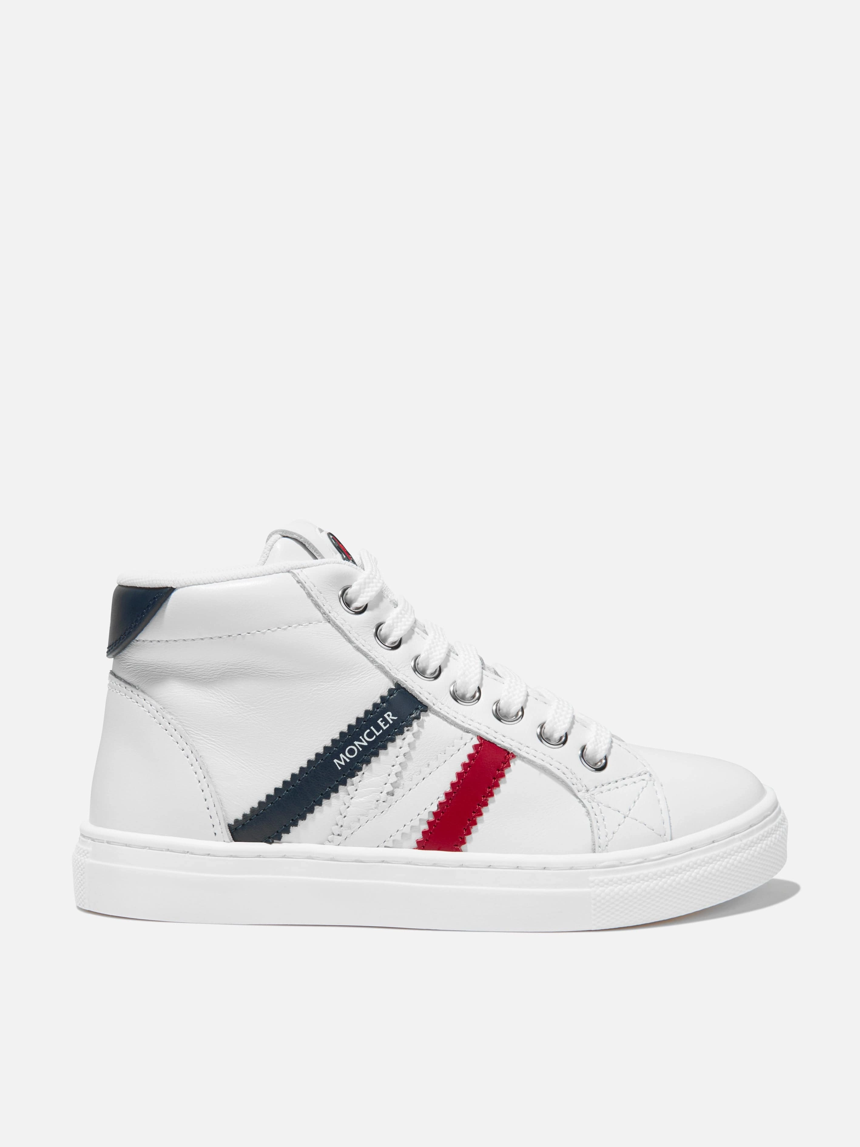 Ultimate Convenience Moncler Enfant Kids Leather Monaco High Top Trainers in White Denim Messenger Bag
