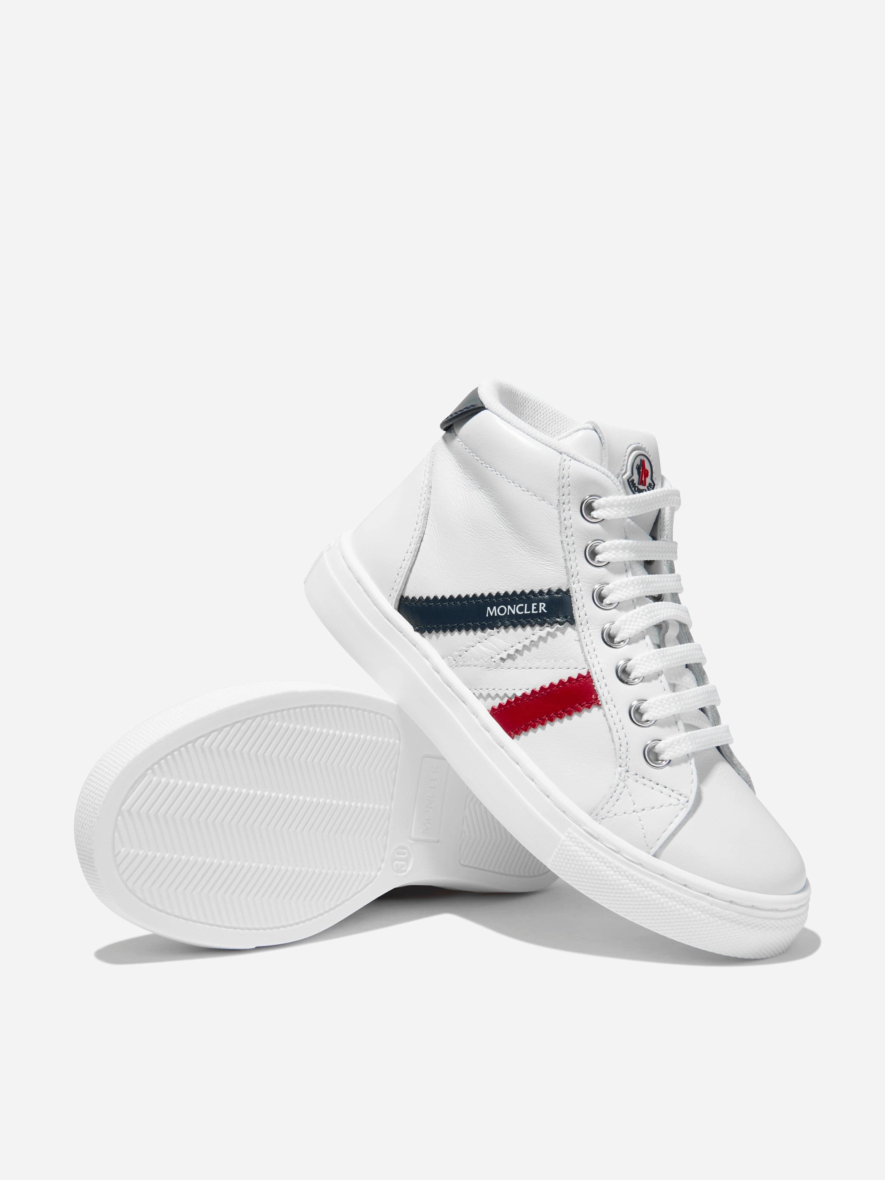 Made With Care Moncler Enfant Kids Leather Monaco High Top Trainers in White Cork