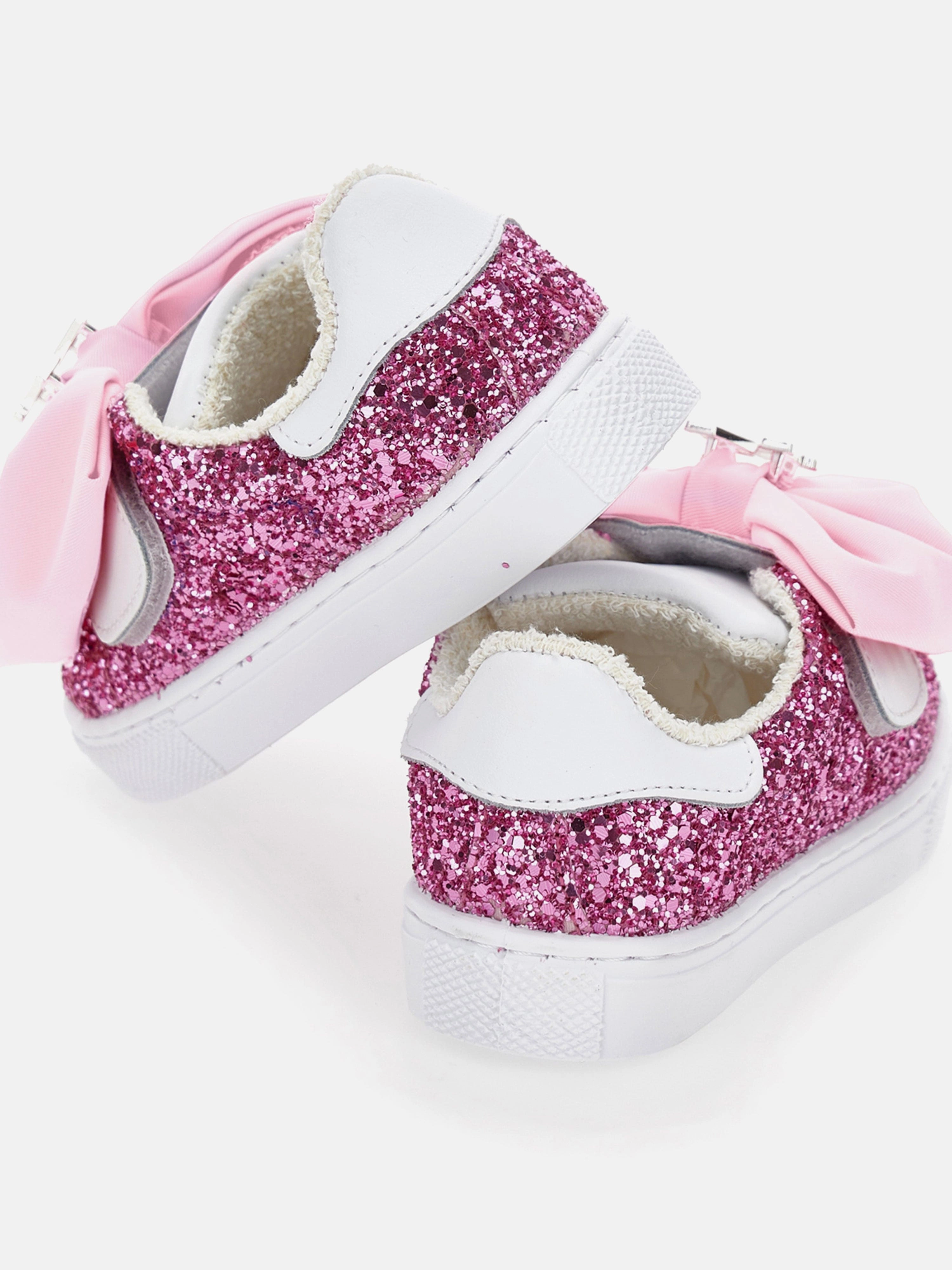 Padded, Adjustable Strap Girls Glitter Bow Trainers in Pink